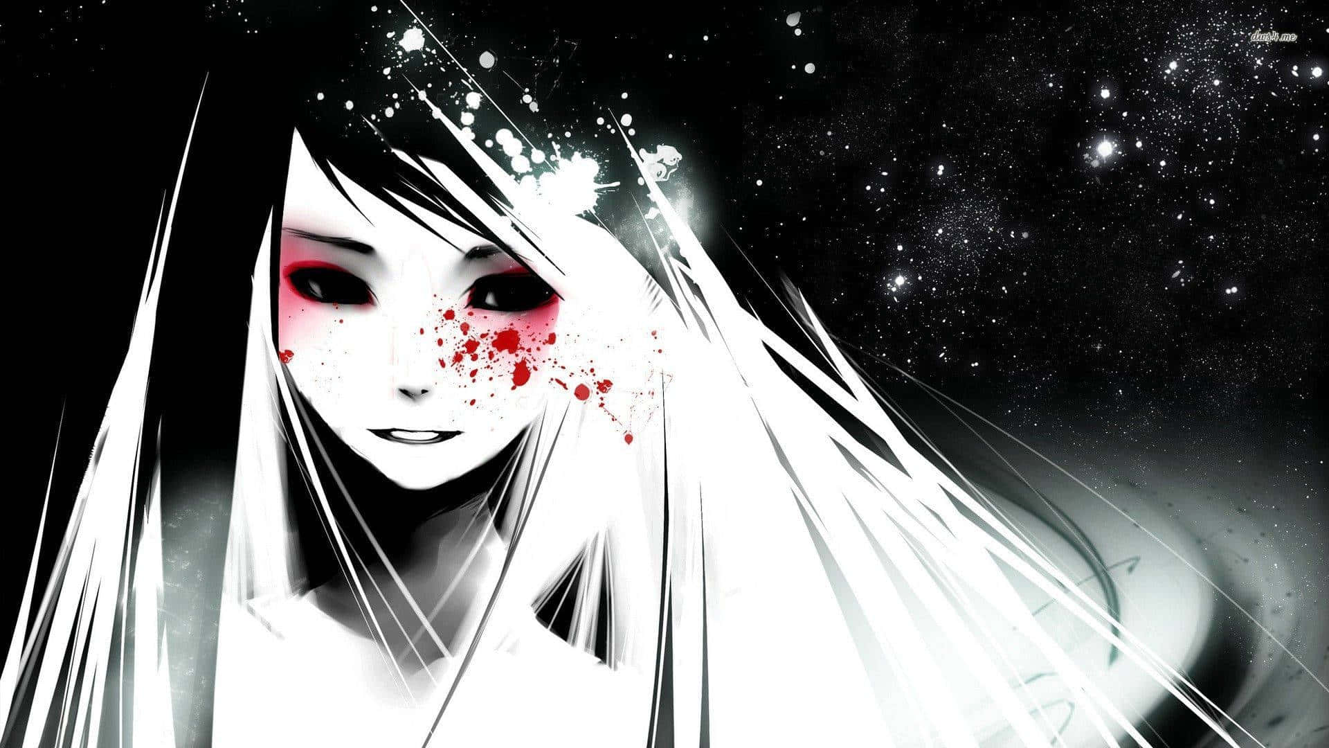 高清 桌布 壁紙 — 一個令人難忘的白髮動漫女孩，在星空黑色背景上帶有紅色飛濺。