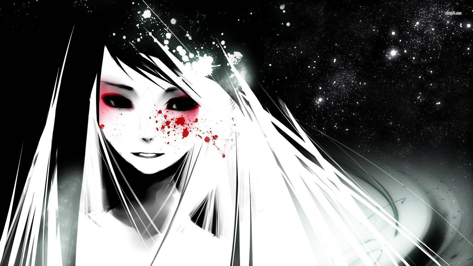 Edgy 桌布 壁紙 — 一個令人難忘的白髮動漫女孩，在星空黑色背景上有紅色飛濺。