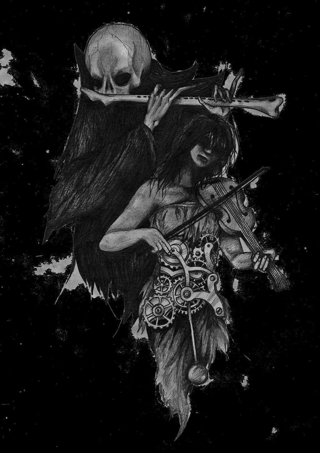 macabre 桌布 壁紙 — 一個令人難忘的黑白插圖，描繪一個骷髏頭骨的人物吹奏骨笛，而一位穿著帶有機械齒輪裙子的女人正在拉小提琴。