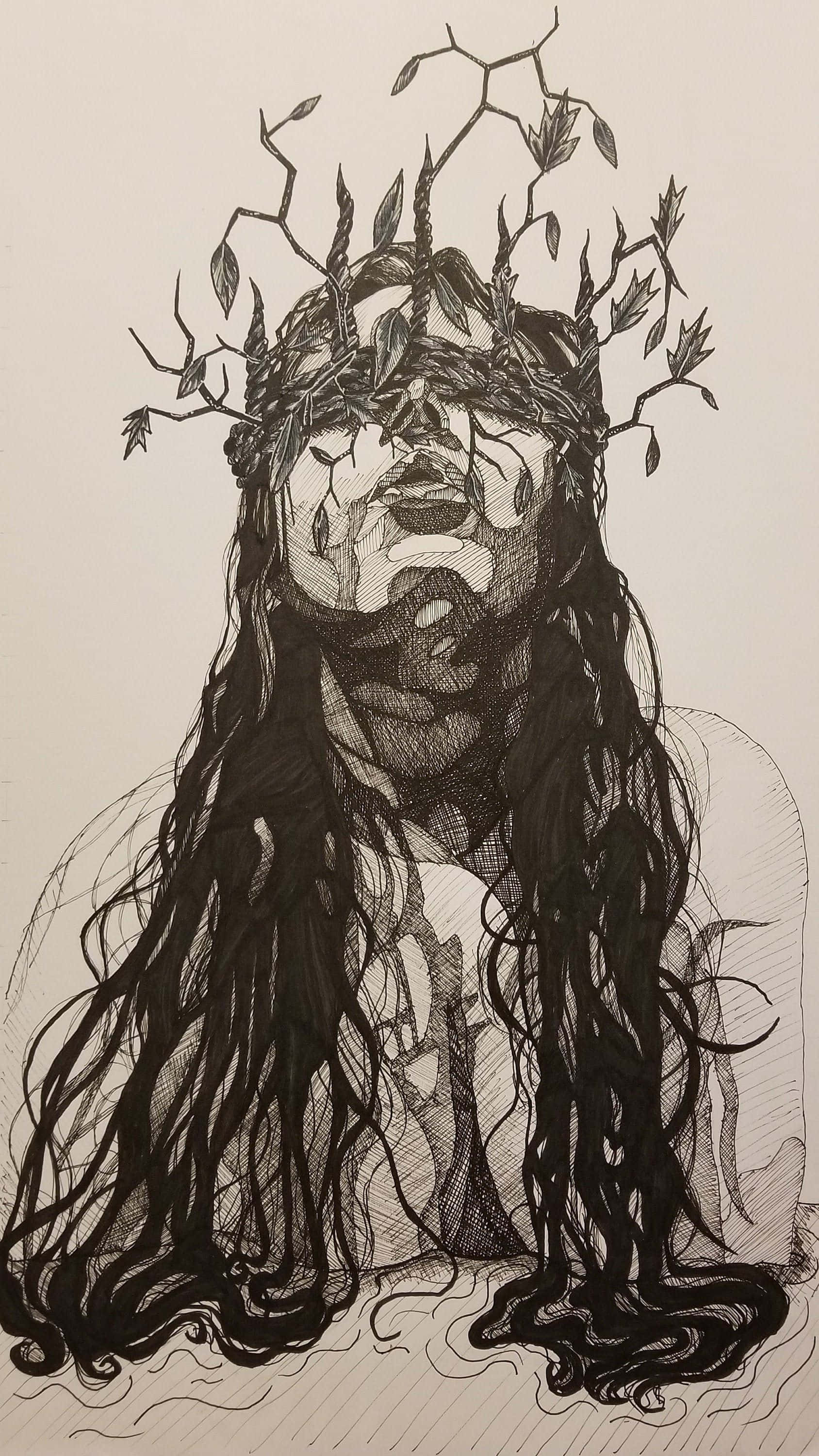 emotion 桌布 壁紙 — 一個令人難忘的黑白插圖，描繪一個長髮且頭部和臉上長出藤蔓的人物。