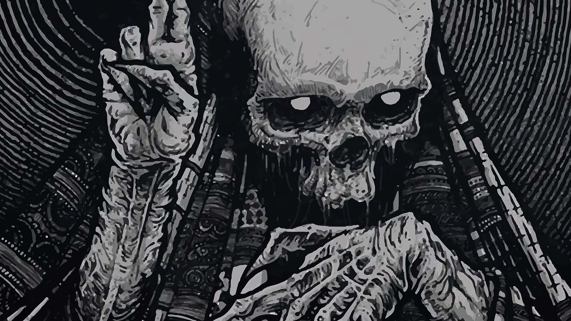 Halloween Skeleton 桌布 壁紙 — 一個令人難忘的黑白插圖，描繪一個骨骼人物，眼睛發光，緊握武器，背景是旋轉的圖案。