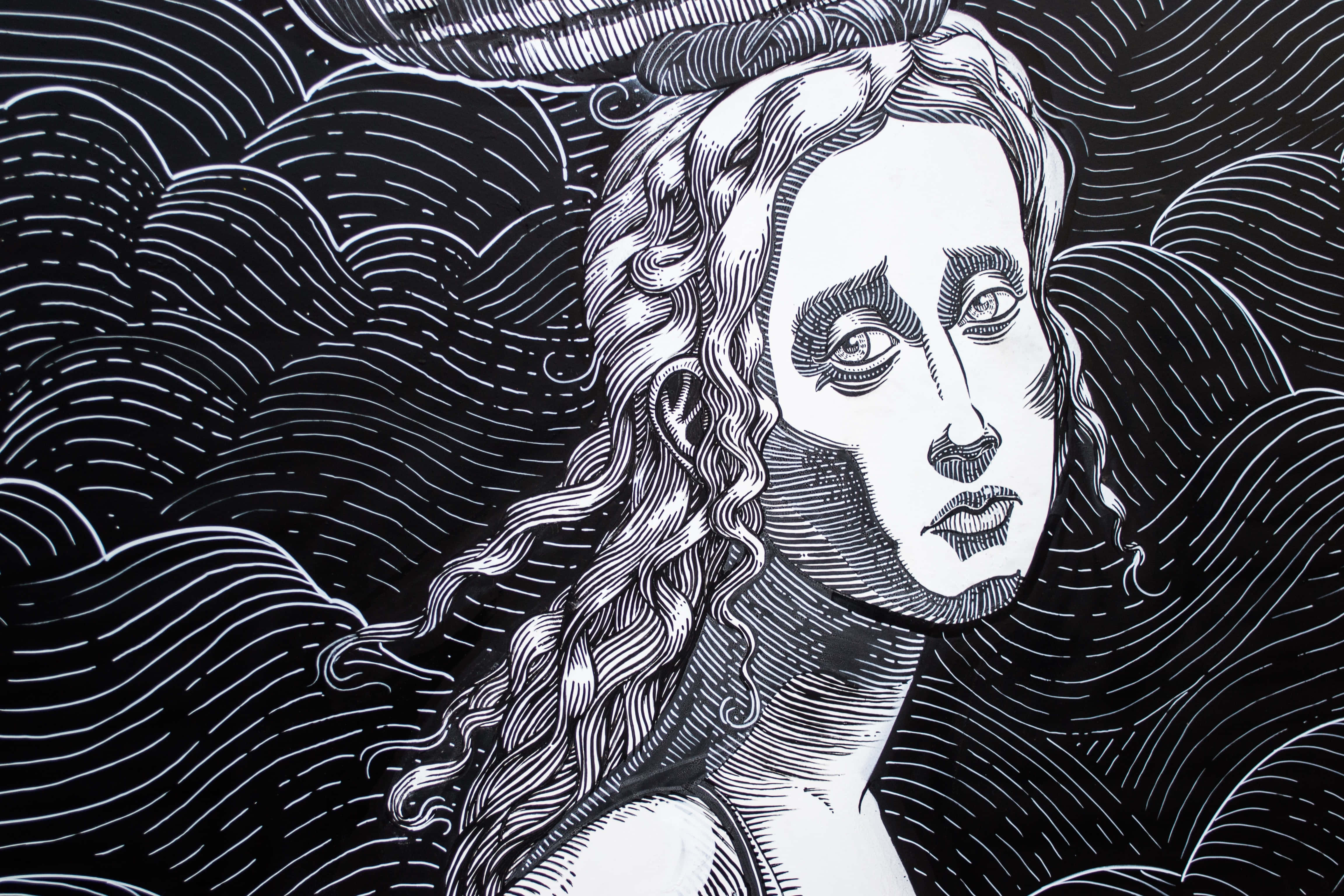 Drawing 桌布 壁紙 — 一個令人難忘的黑白線條藝術肖像，描繪一位長髮飄逸的女性，被漩渦波浪圖案環繞。
