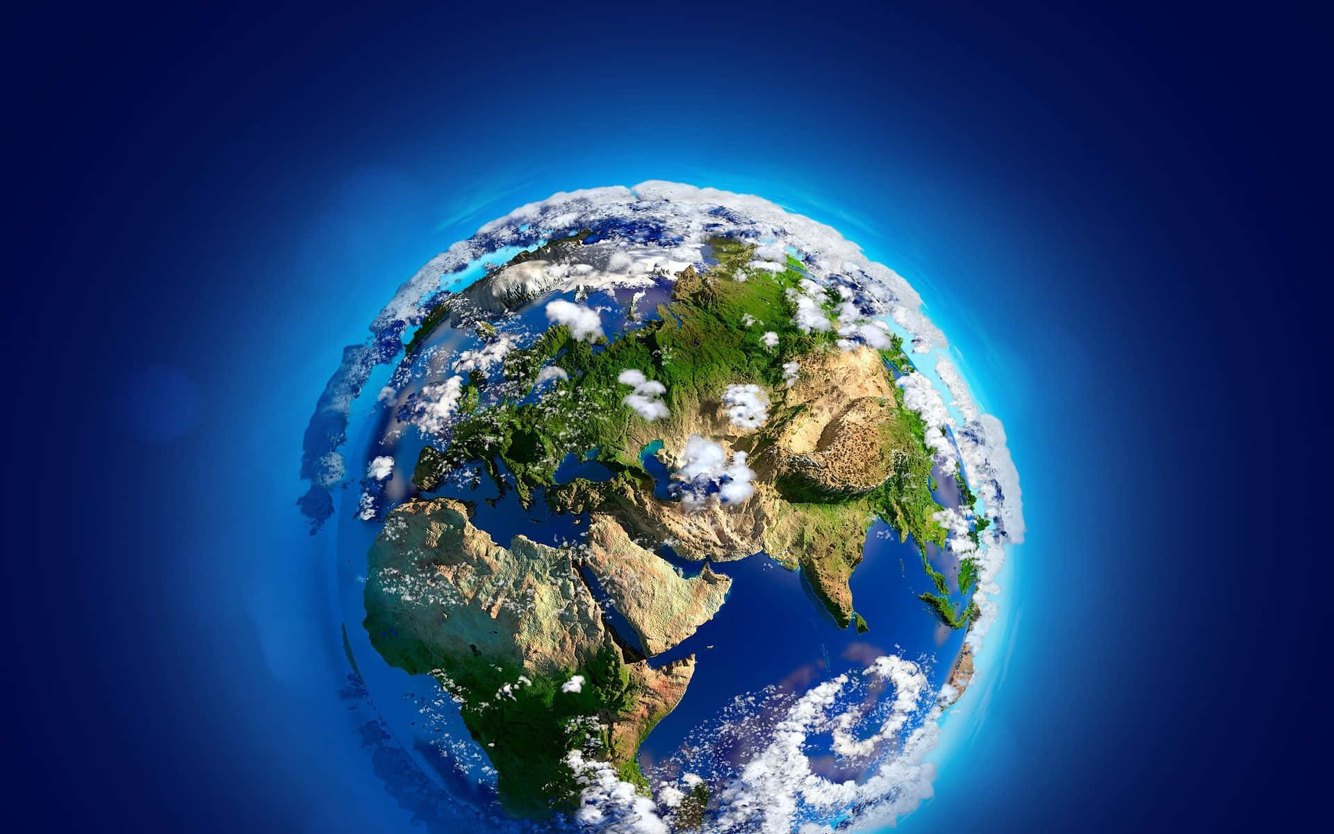 Earth Day 桌布 壁紙 — 一個令人驚嘆的3D渲染地球儀，在深藍色宇宙背景下展示地球的各大洲、海洋和雲層。