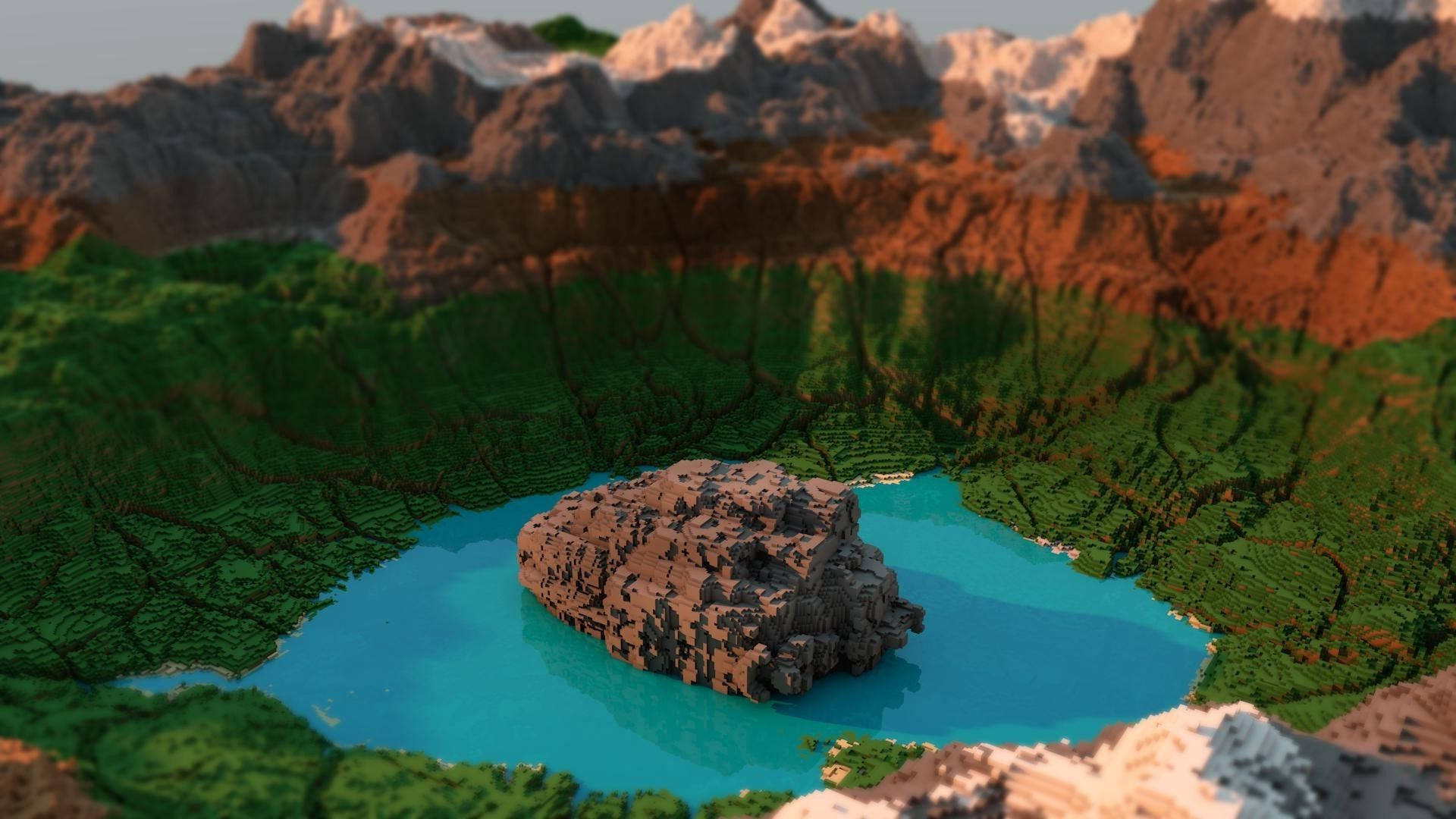 Lake 桌布 壁紙 — 一個令人驚嘆的3D渲染山湖，中央有一個岩石島嶼，周圍環繞著茂密的綠色植物和日落時分的雪山頂。