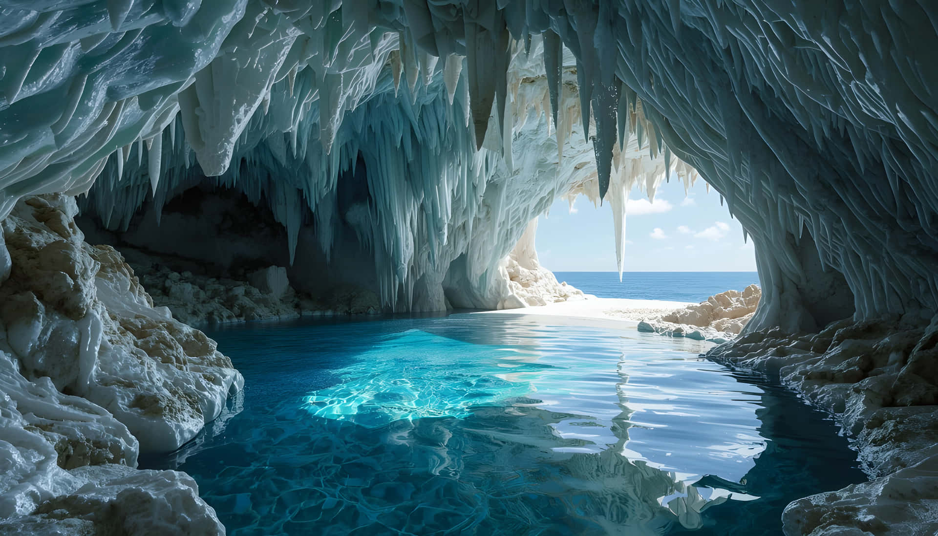 Majestic Blue Grotto Ice Cave with Ocean View Wallpaper 壁紙 — 一個令人驚嘆的冰洞，擁有水晶般清澈的藍色海水，反射著遠方海景的陽光。