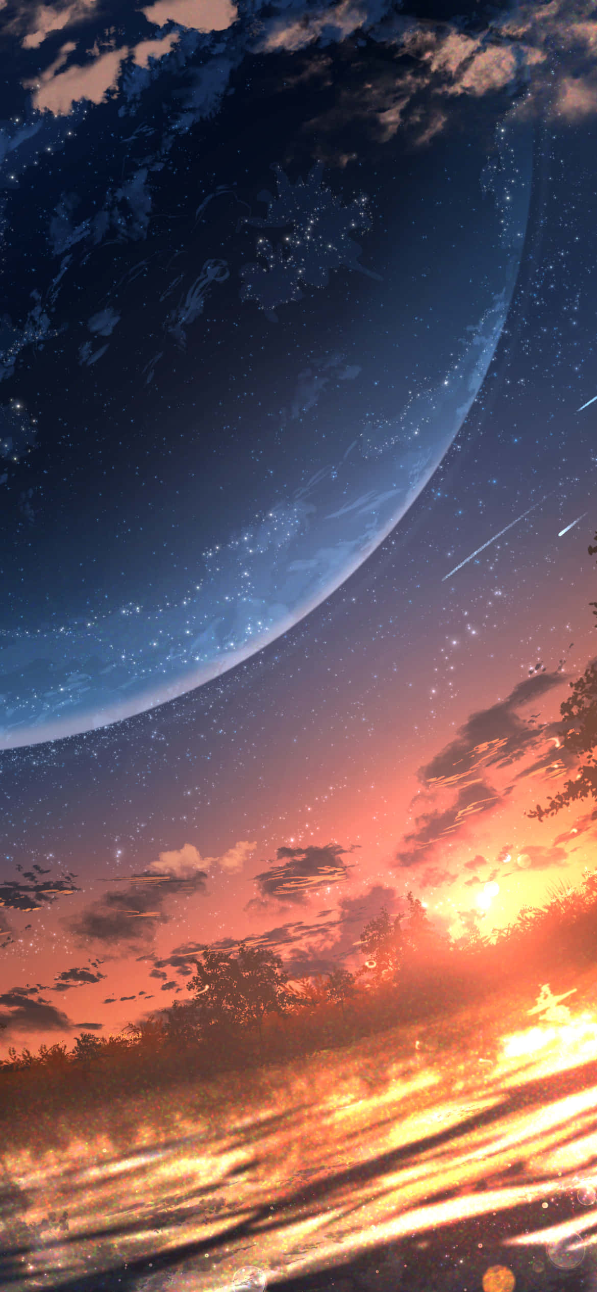 桌布 壁紙 — 一個令人驚嘆的動漫風格日落，行星上有發光的雲和流星，背景是星空。