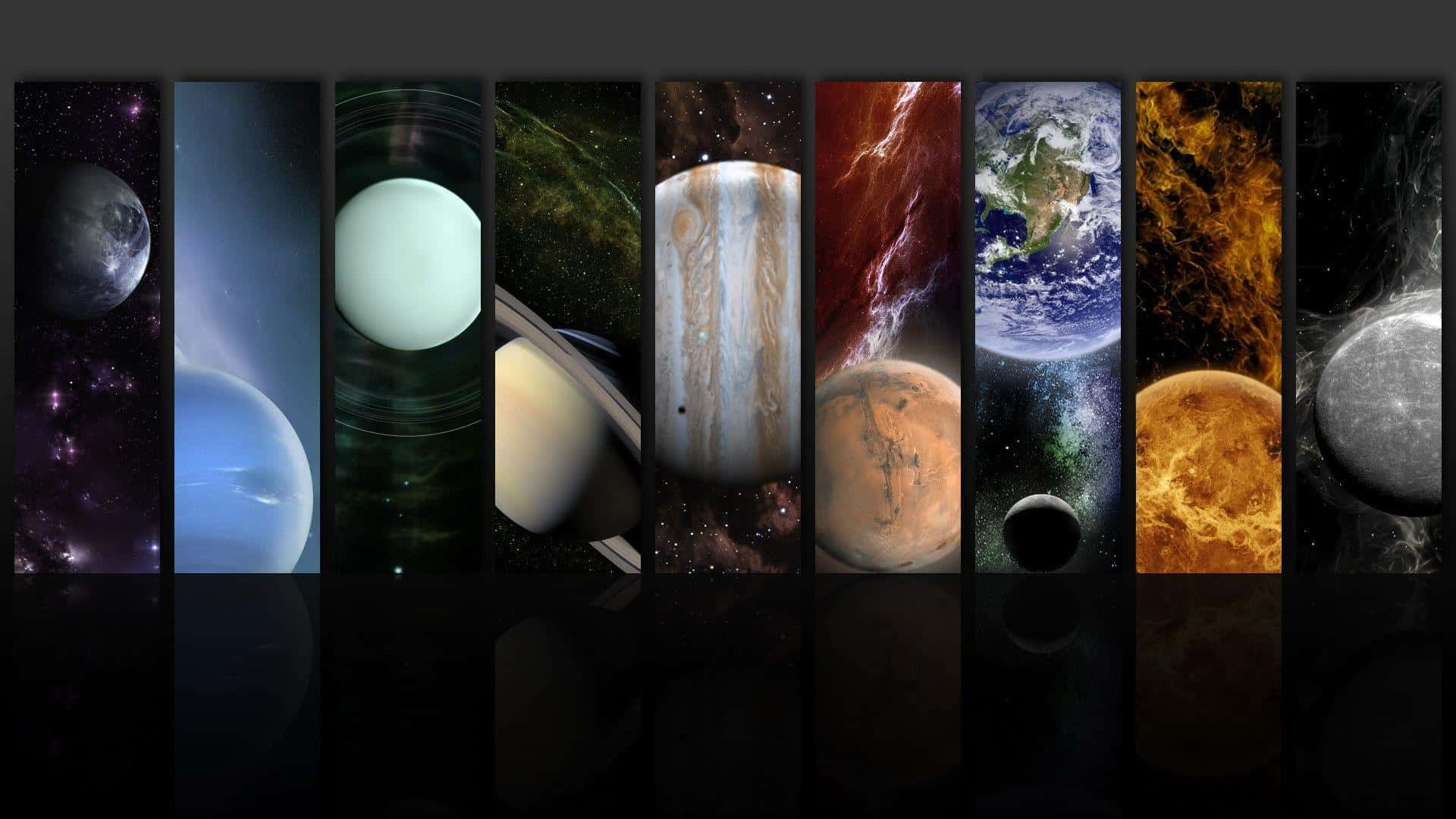 pluto 桌布 壁紙 — 一個令人驚嘆的垂直拼貼畫，展示了九顆行星，每顆行星在宇宙背景下閃耀著獨特的色彩和紋理。