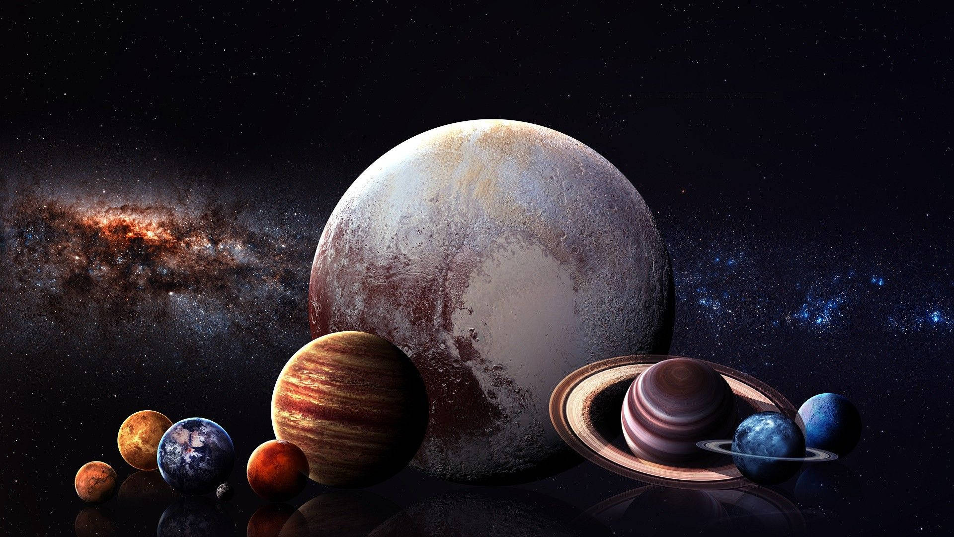 太陽系 桌布 壁紙 — 一個令人驚嘆的宇宙場景，包括土星和木星在內的行星排列在反射表面上，背景是繁星點點的銀河。
