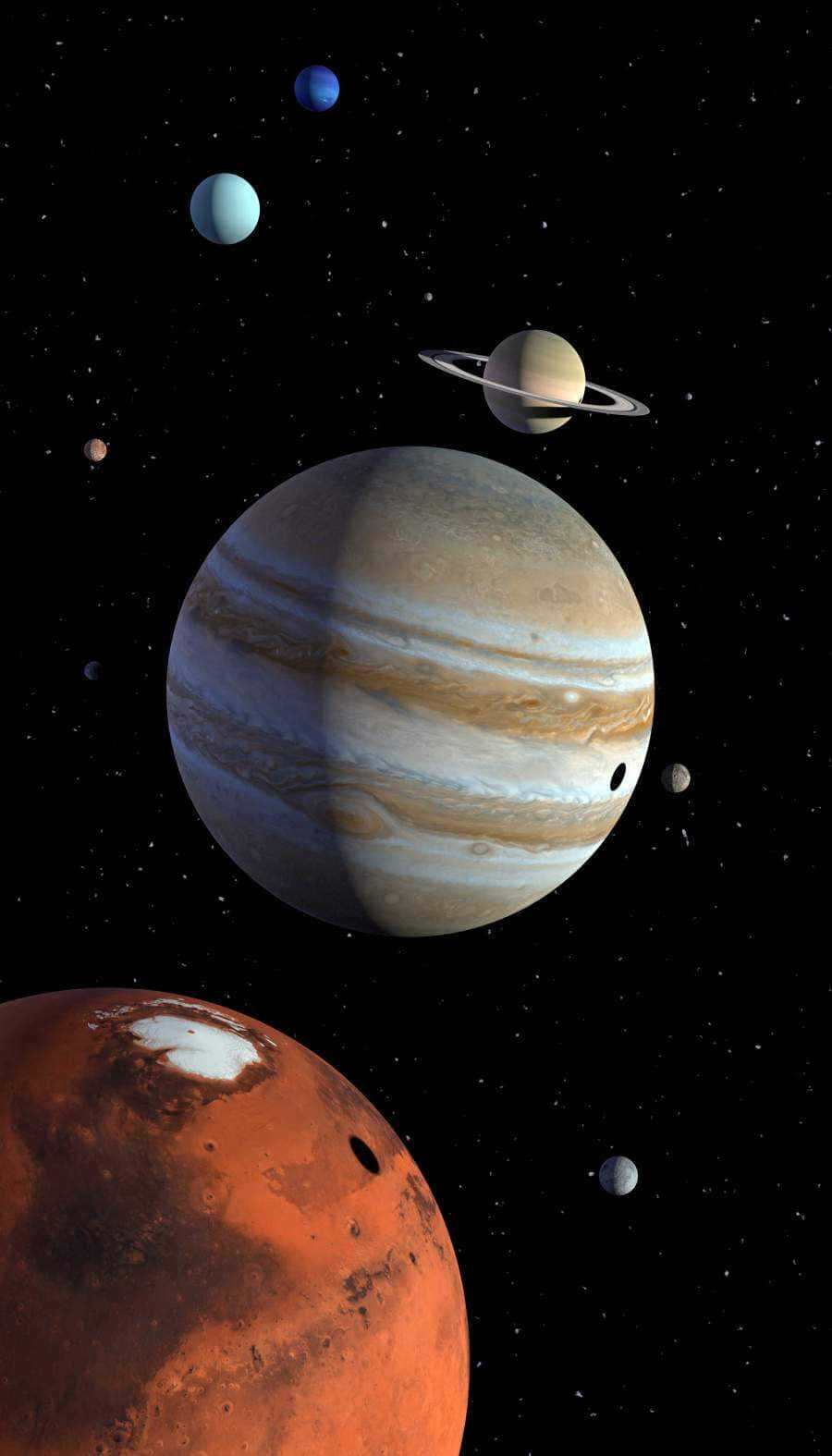 桌布 壁紙 — 一個令人驚嘆的宇宙場景，展示了木星和火星、土星環以及其他行星漂浮在佈滿星辰的虛空中。