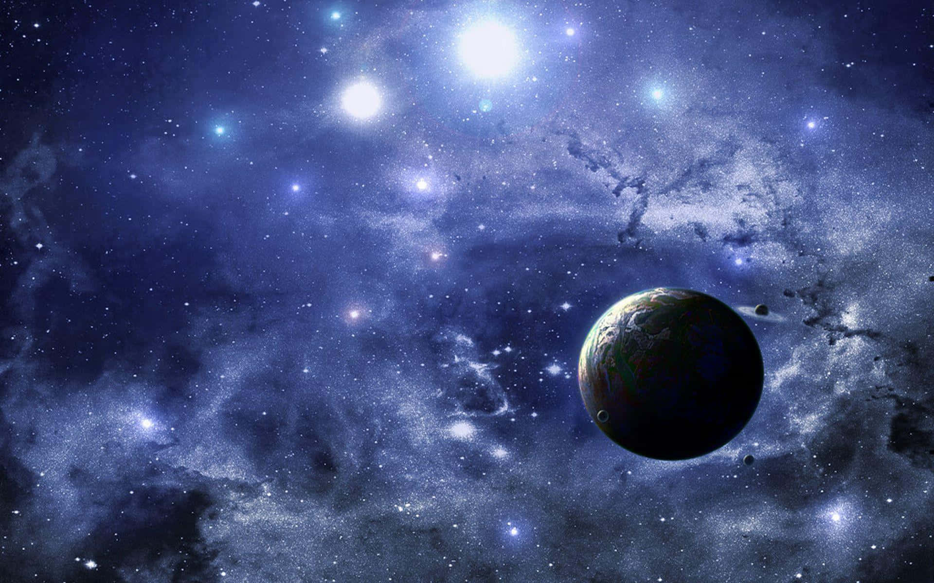 酷炫太空 桌布 壁紙 — 一個令人驚嘆的宇宙景觀，地球懸浮在充滿發光恆星和旋轉宇宙塵埃的鮮豔星雲中。