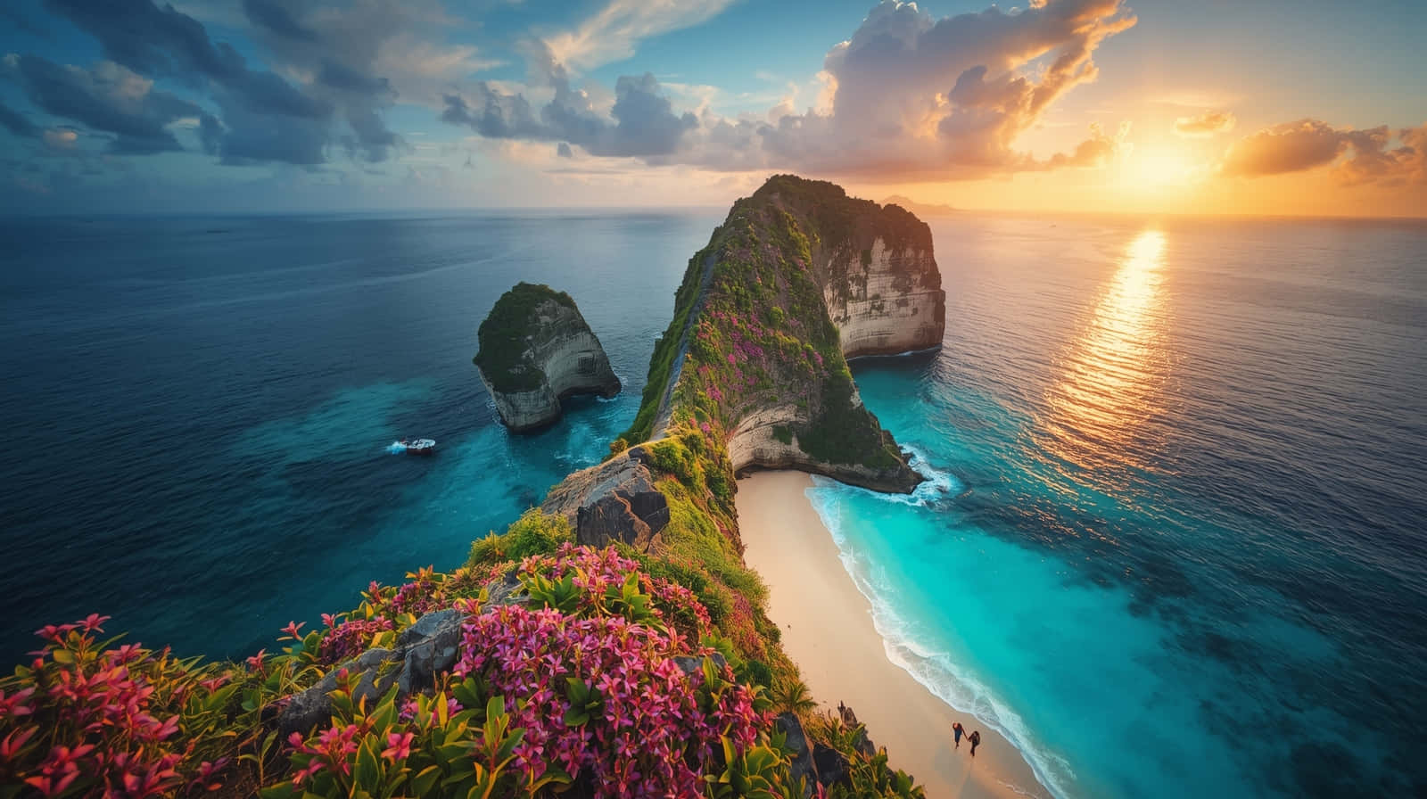 Breathtaking Cliffside Beach View at Golden Hour Wallpaper 壁紙 — 一個令人驚嘆的日落，在一個熱帶島嶼上，有碧綠的海水、粉紅色的花朵和兩個人在僻靜的海灘上散步。