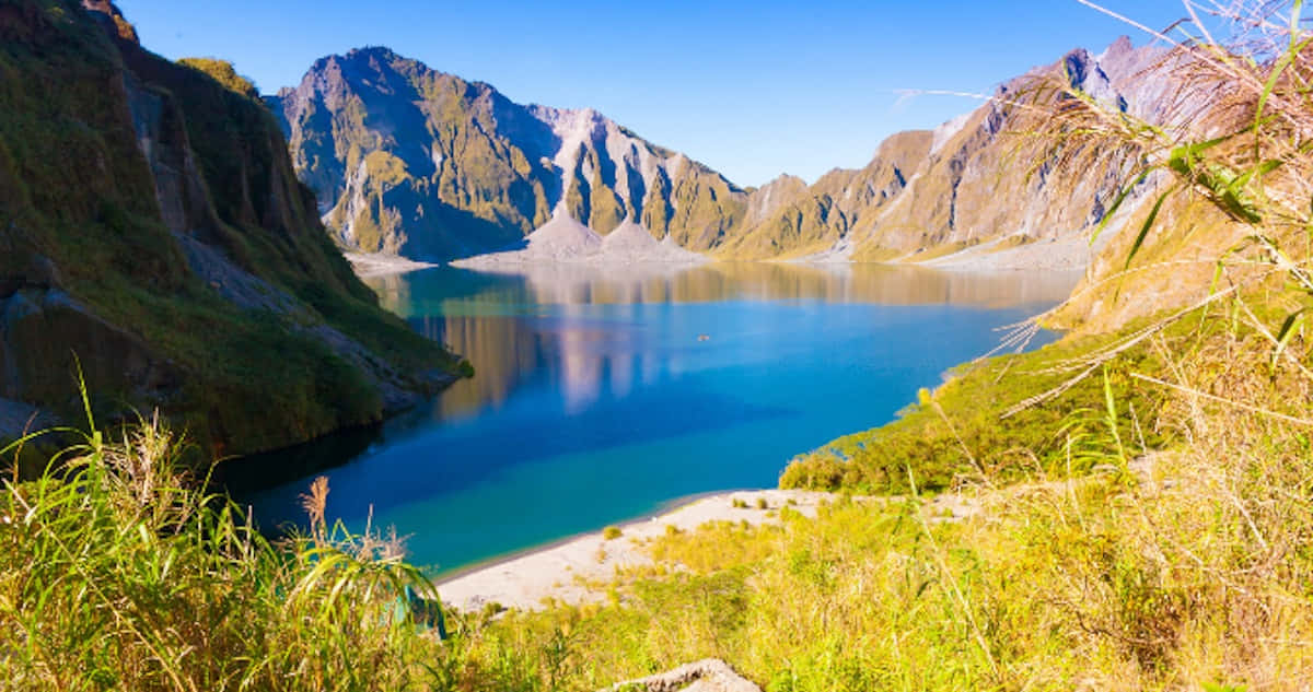 山景 桌布 壁紙 — 一個令人驚嘆的火山湖，坐落在崎嶇的綠色山脈中，在清澈的藍天下，前景有高大的草叢作為框架。