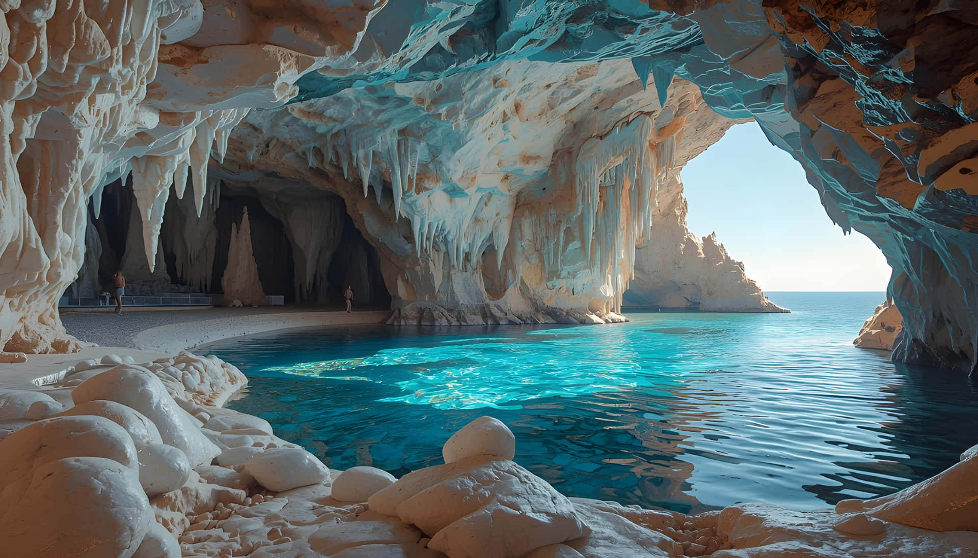 Tropical Sea Cave with Crystal Clear Water and Stalactites Wallpaper 壁紙 — 一個令人驚嘆的自然海蝕洞，擁有碧綠的海水和白色沙灘，周圍環繞著戲劇性的岩層和冰柱狀的鐘乳石。