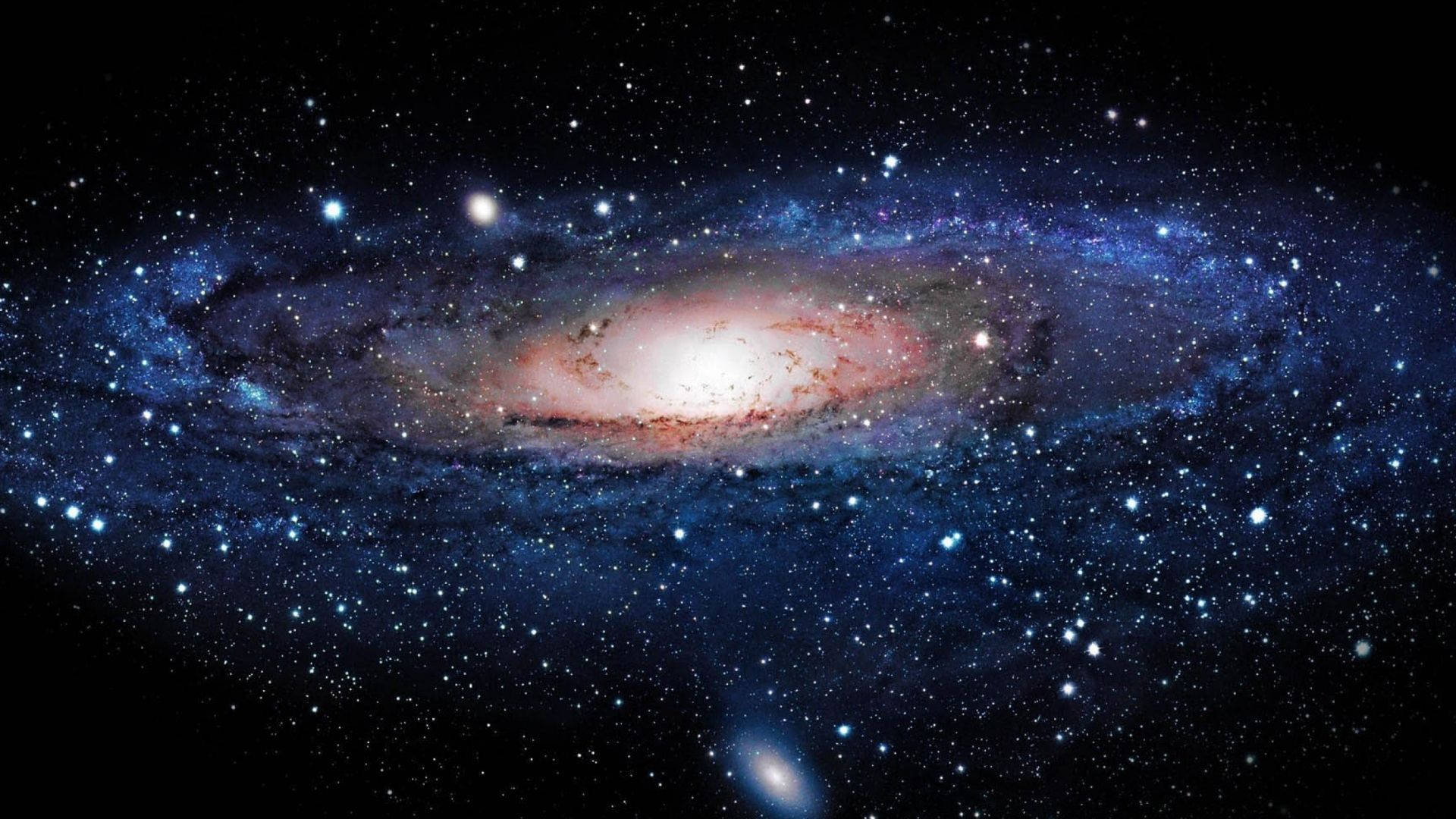 銀河 桌布 壁紙 — 一個令人驚嘆的螺旋星系，在佈滿星辰的宇宙虛空中散發著藍色和粉紅色的光芒。