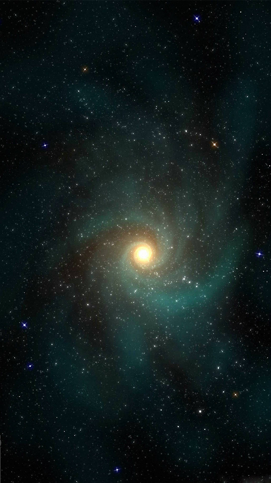 螺旋星系，帶有青綠色的旋臂和金色的核心，周圍環繞著星星。