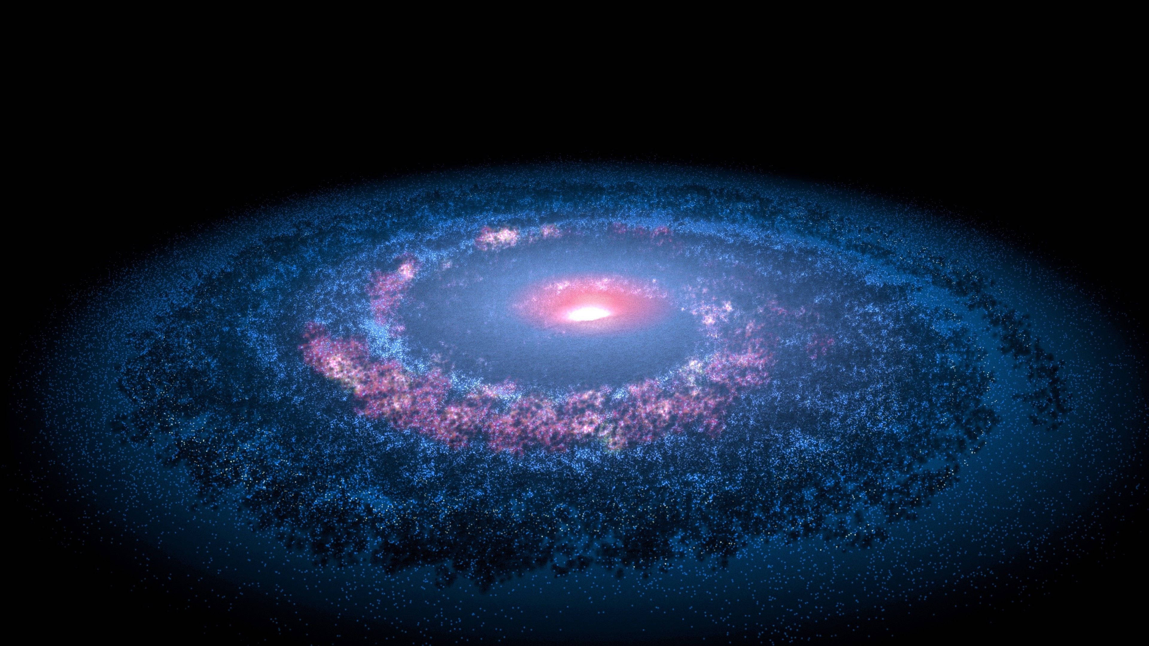 太陽系 桌布 壁紙 — 一個令人驚嘆的螺旋星系，在深邃的黑色宇宙虛空中散發出藍色和粉紅色的光芒。