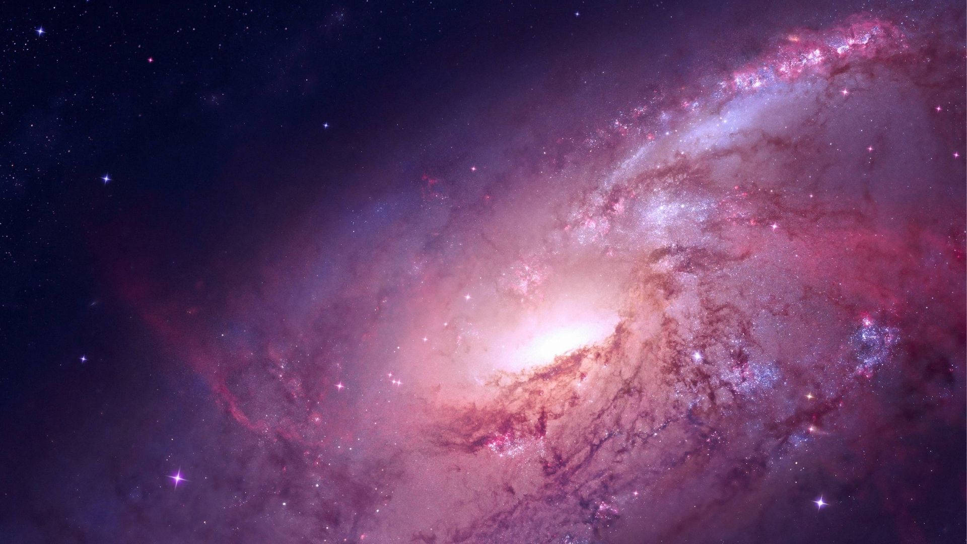 銀河 桌布 壁紙 — 一個令人驚嘆的螺旋星系，在繁星點點的宇宙背景下旋轉著粉紅色和紫色的星雲。