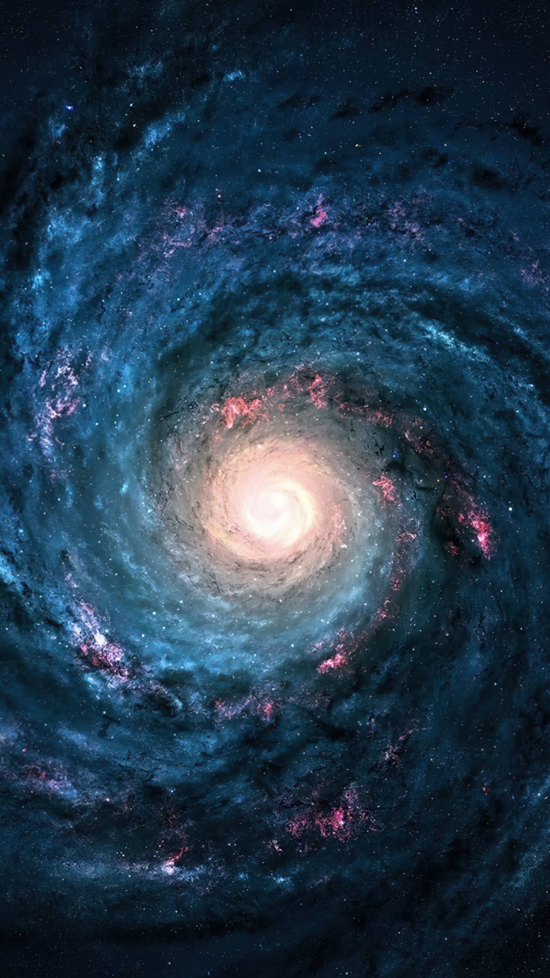 一個旋轉的螺旋星系，在繁星點點的黑色背景上帶有發光的粉紅色和藍色星雲。 — 外太空 GIF 壁紙