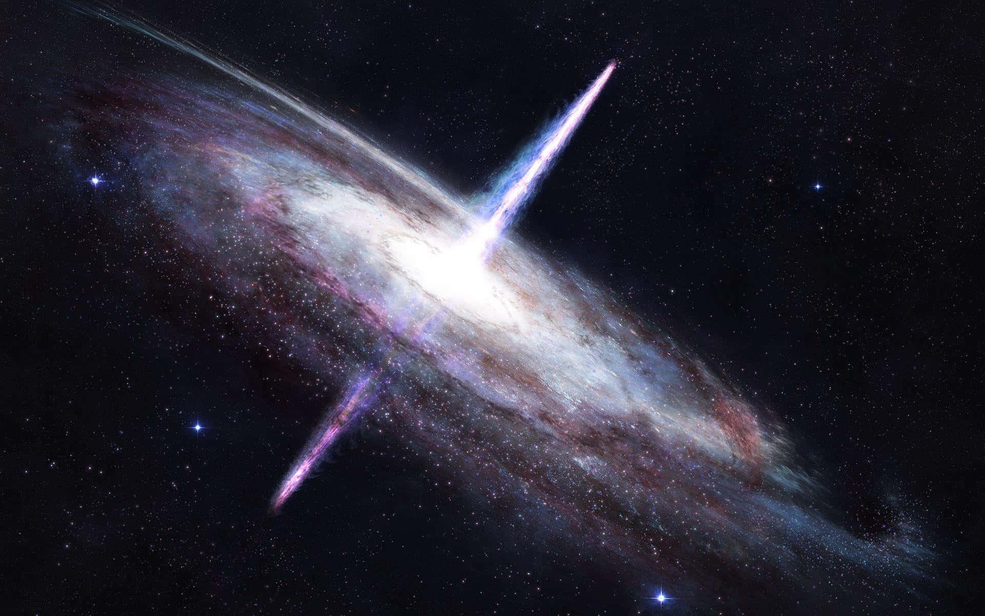 Quasar 桌布 壁紙 — 一個令人驚嘆的螺旋星系，帶有發光的紫色和白色旋臂，以及從其核心射出的明亮噴流，背景是佈滿星星的黑色虛空。