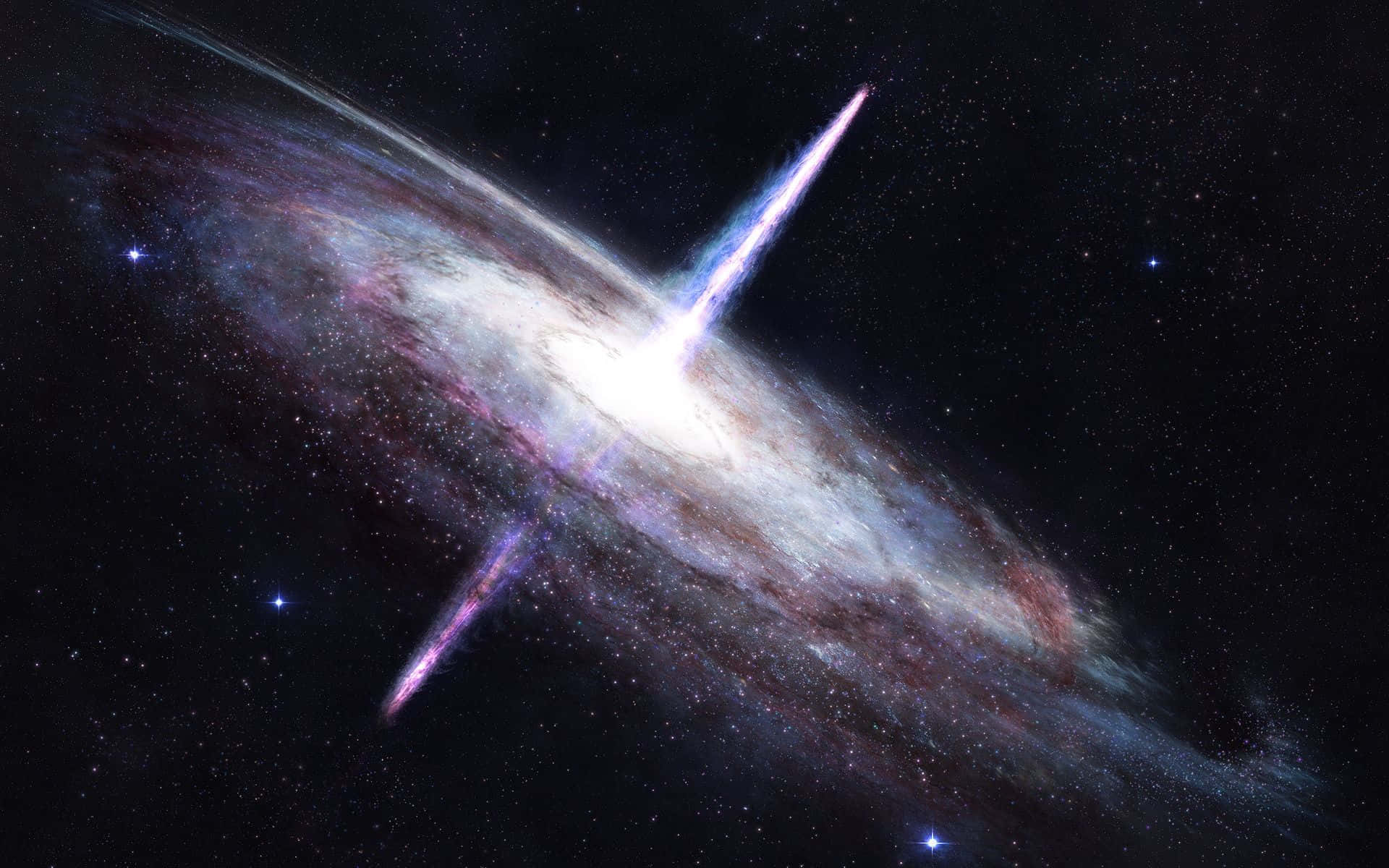 Quasar 桌布 壁紙 — 一個令人驚嘆的螺旋星系，帶有發光的紫色和白色旋臂，以及明亮的星跡，背景是黑暗的宇宙。