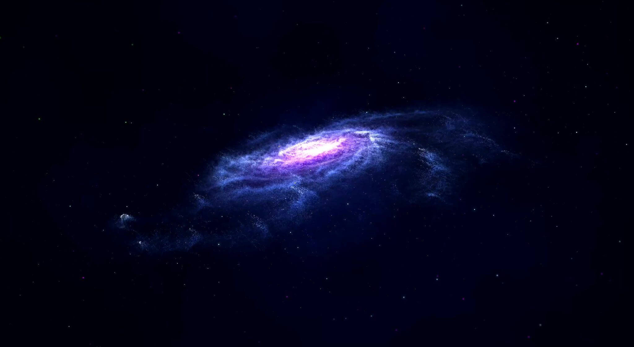 銀河 桌布 壁紙 — 一個令人驚嘆的螺旋星系在佈滿星星的宇宙虛空中散發出充滿活力的紫色和藍色色調。
