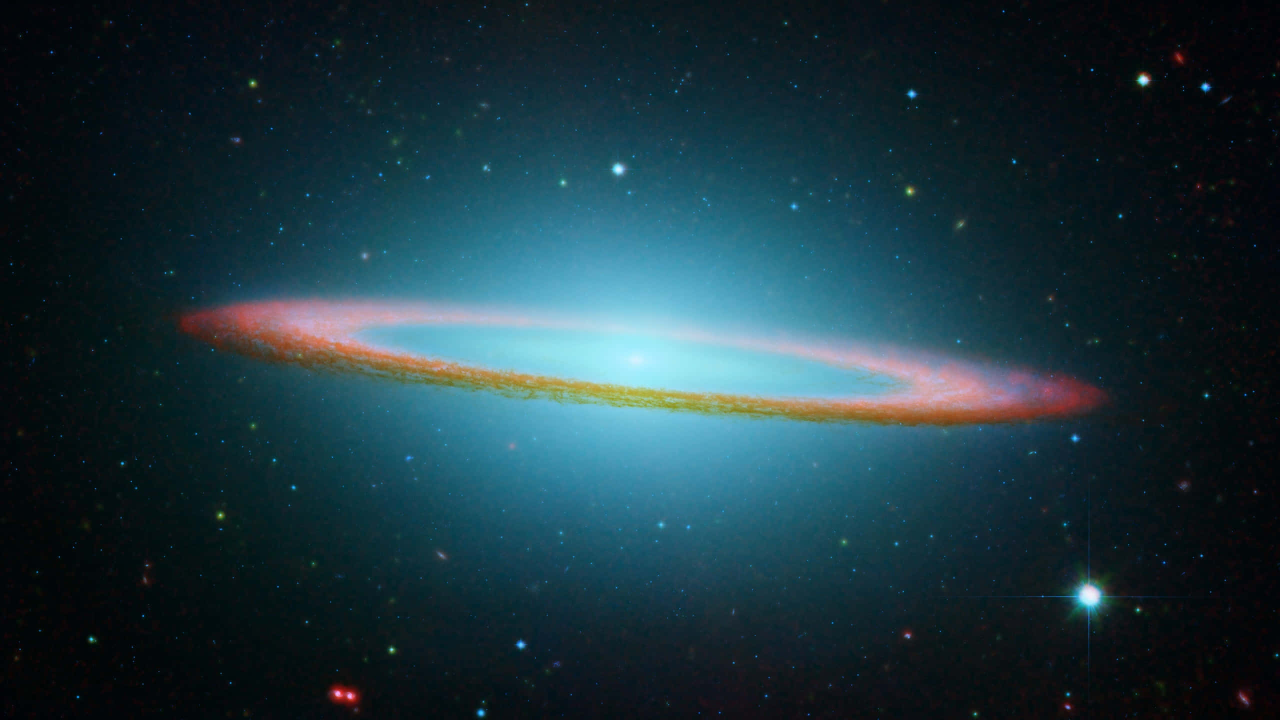 3d Galaxy 桌布 壁紙 — 一個令人驚嘆的螺旋星系在星空背景下散發出藍色和橙色的色調。