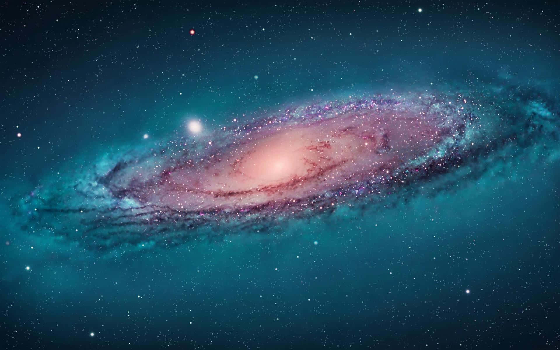 3d Galaxy 桌布 壁紙 — 一個令人驚嘆的螺旋星系在深空星場中散發著粉紅色和藍綠色的光芒。