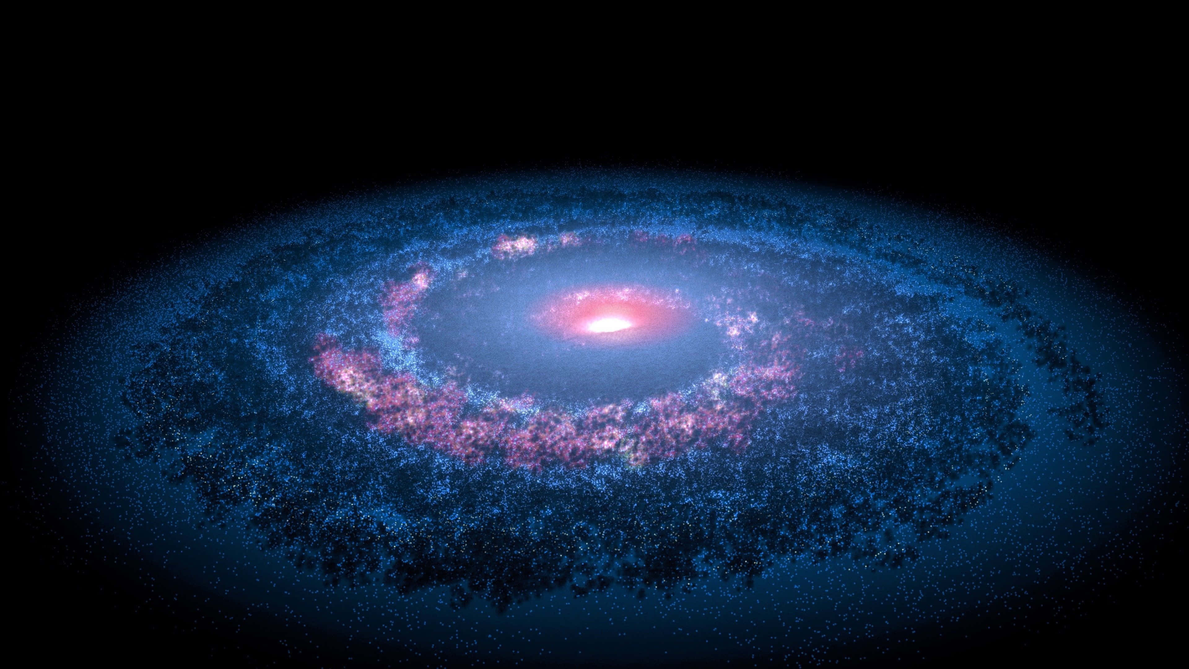 Nasa Galaxy 桌布 壁紙 — 一個令人驚嘆的螺旋星系在深邃的黑色宇宙虛空中散發出鮮豔的藍色和粉紅色調。