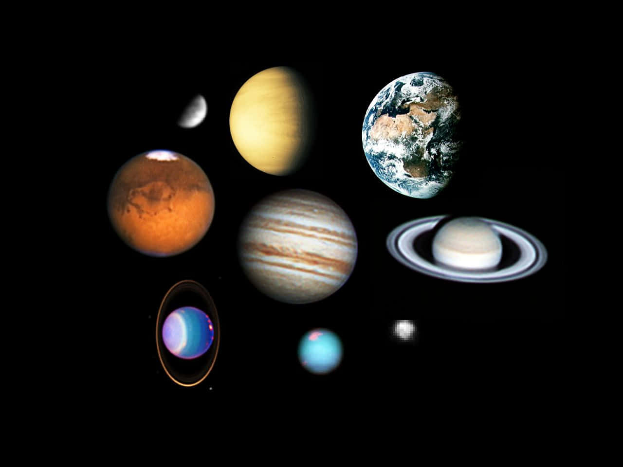 行星動畫 桌布 壁紙 — 一個令人驚嘆的行星排列，包括地球、火星、木星、土星和金星，漂浮在深邃的黑色宇宙虛空中。