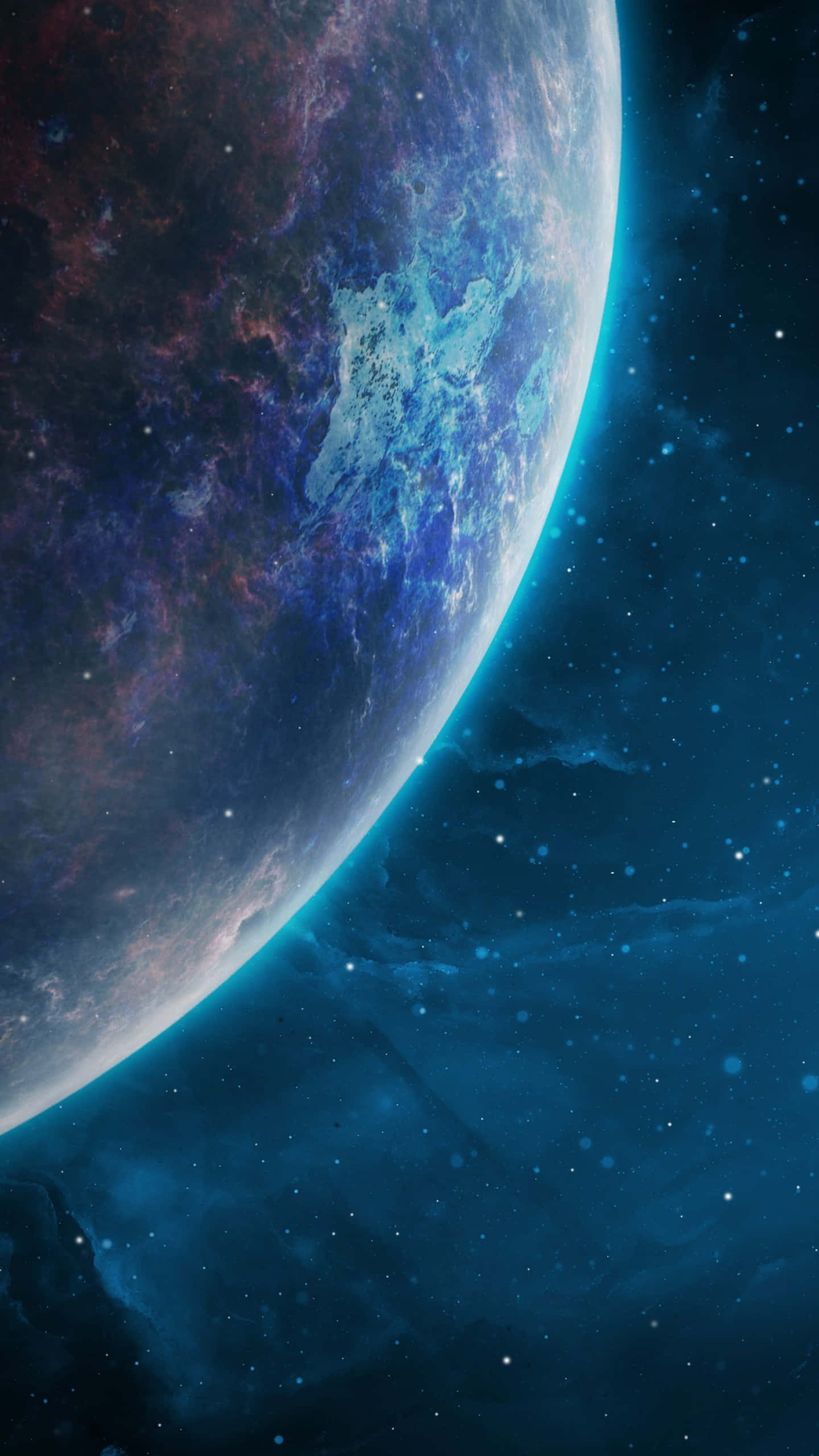 Beautiful Space 桌布 壁紙 — 一個令人驚嘆的視角，展示一顆藍紫色行星，帶有發光的大氣帶，背景是繁星點點的宇宙。