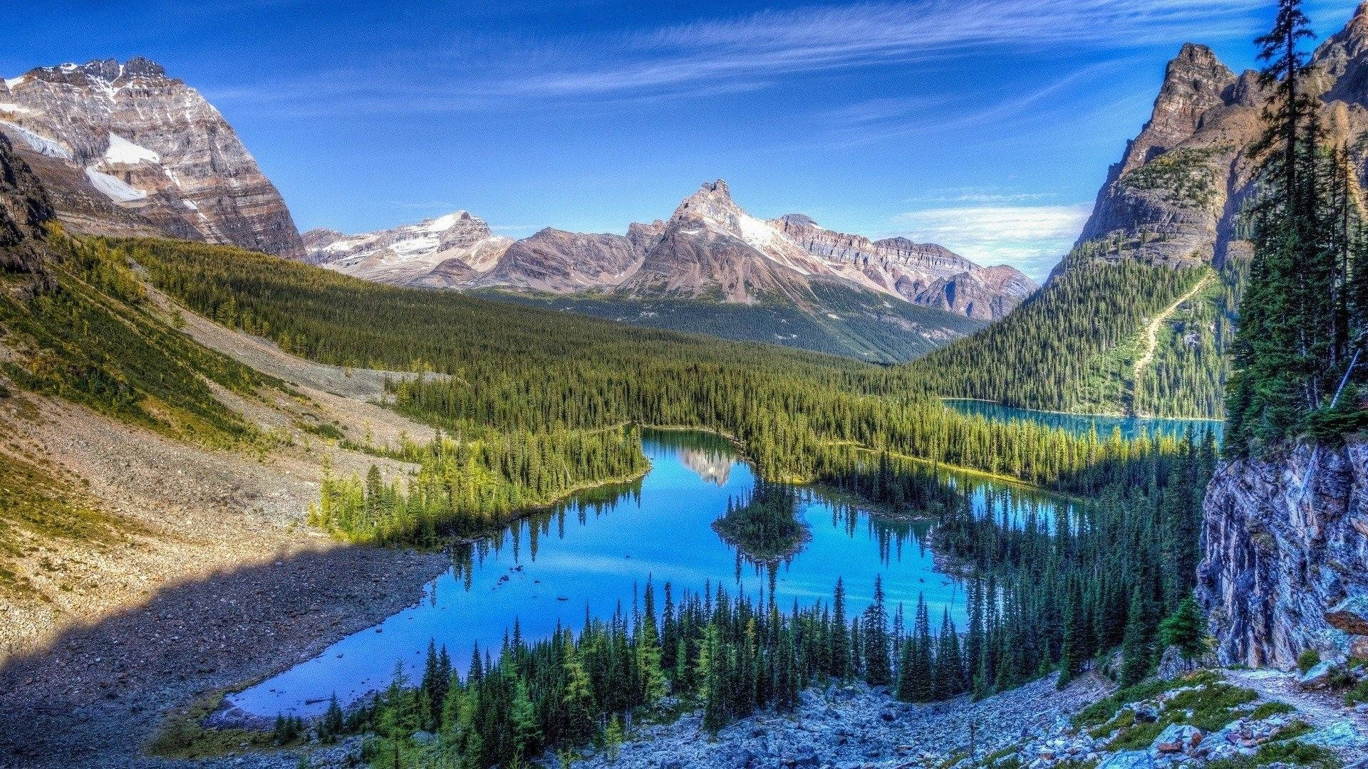 Lake 桌布 壁紙 — 一個令人驚嘆的高山湖泊，在晴朗的藍天下映照著白雪覆蓋的山峰和茂密的常綠森林。