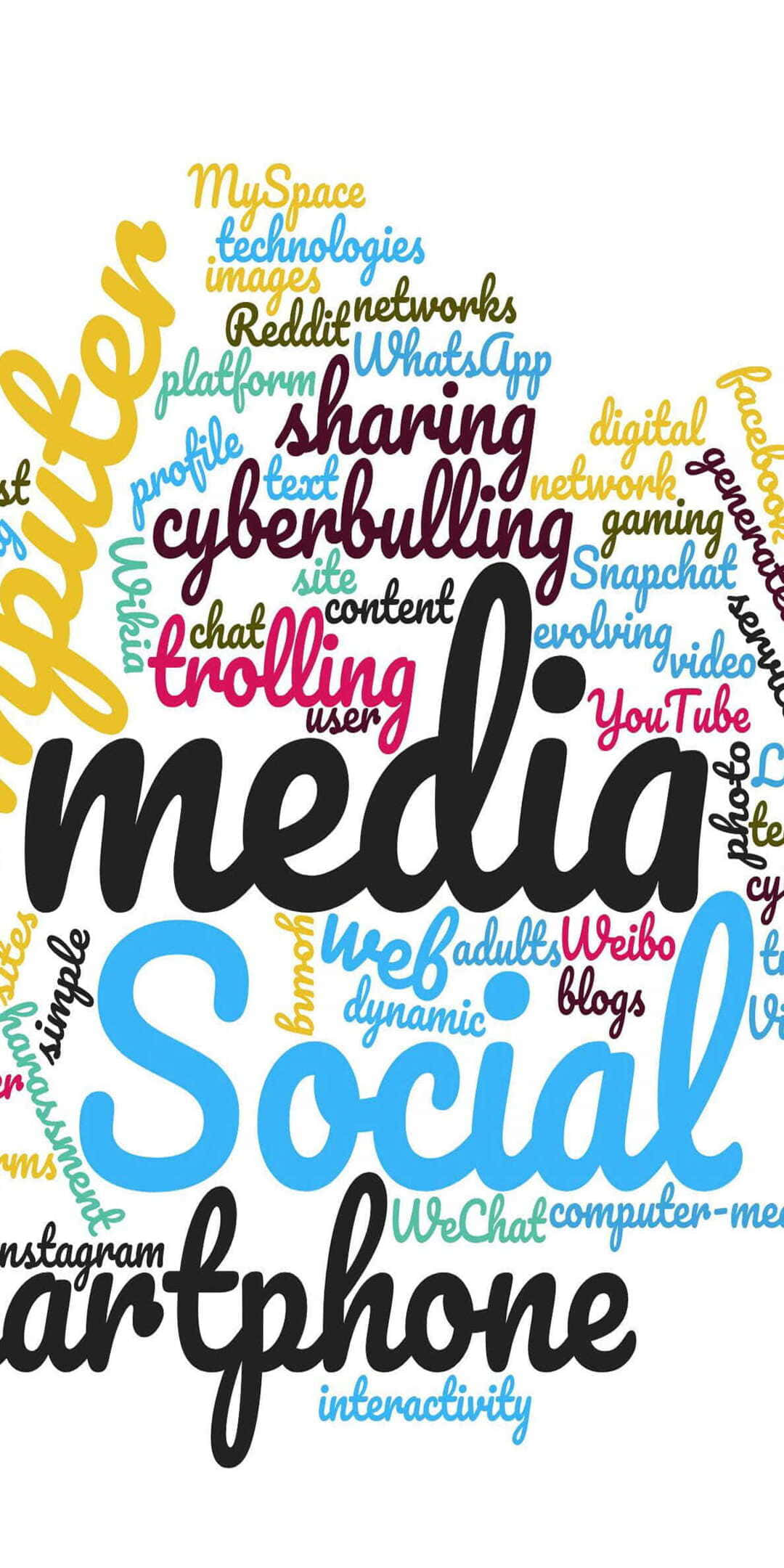 Social 桌布 壁紙 — 一個以「media」和「social」為中心的鮮明文字雲，包含「cyberbullying」、「trolling」和「Instagram」等詞彙，以多種字體和顏色旋轉環繞。