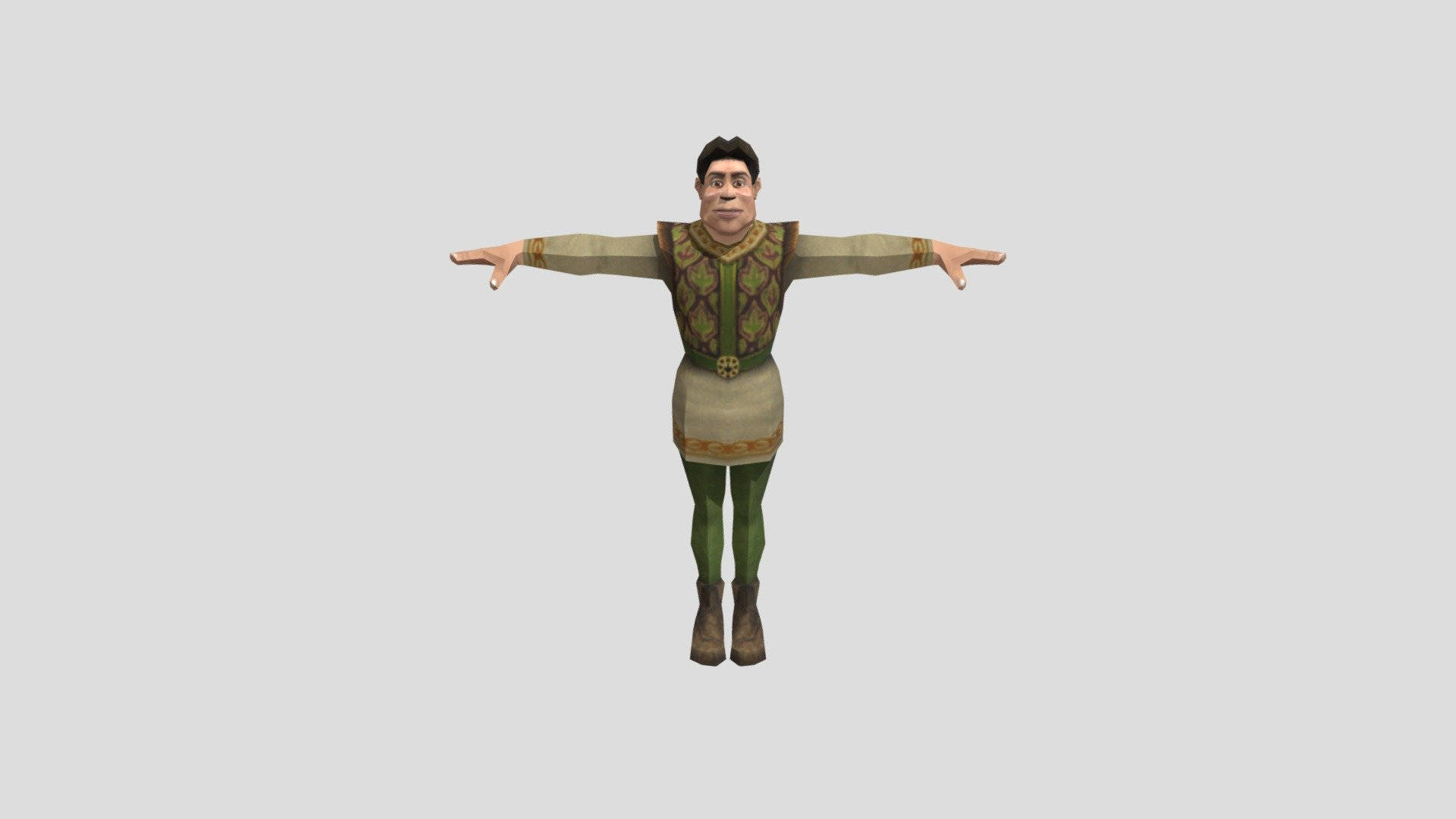 Shrek 2 桌布 壁紙 — 一個以3D渲染的中世紀風格綠色和棕色服裝角色，在純灰色背景前張開雙臂站立。