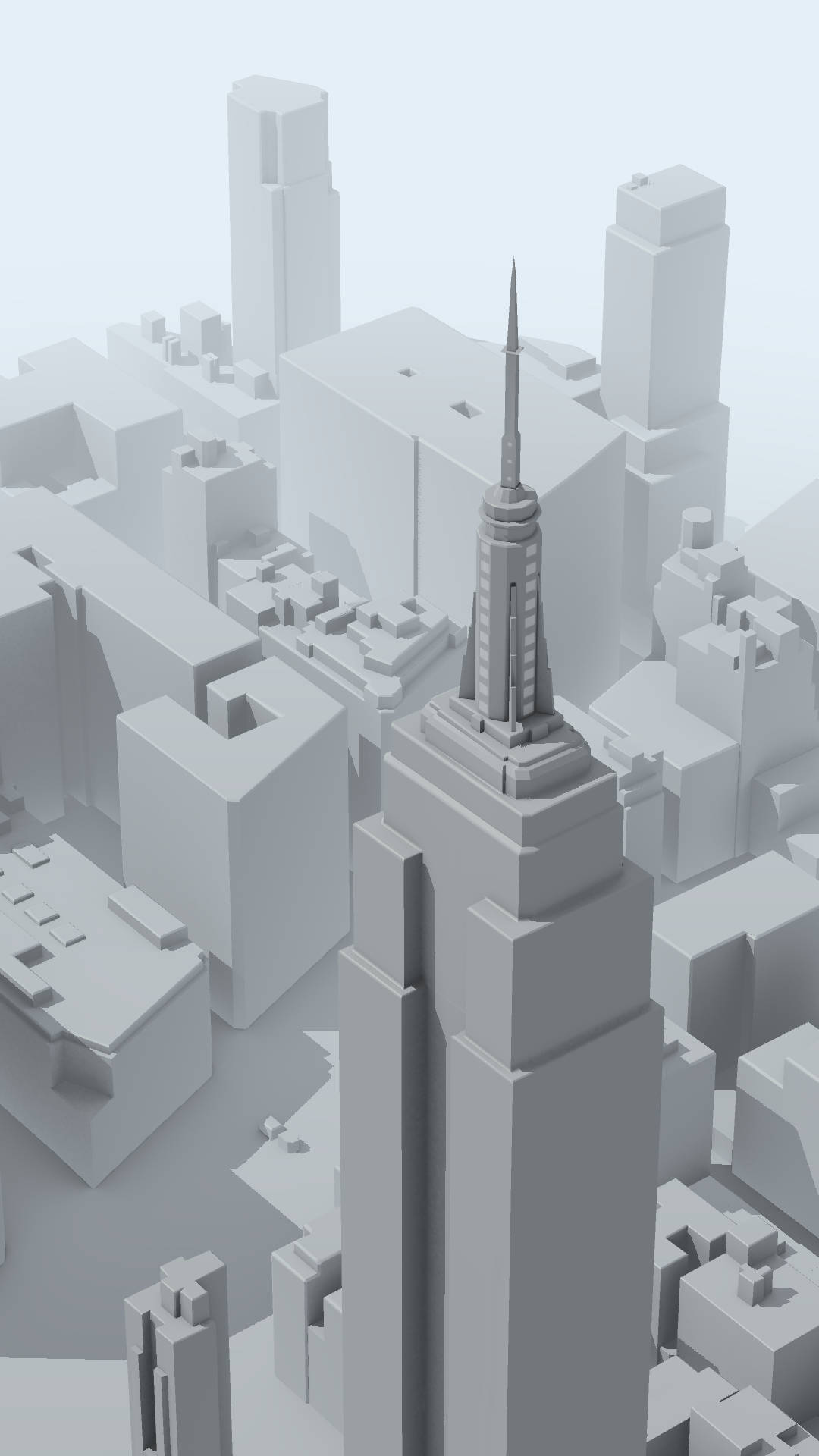 單色3D渲染的城市景觀，高聳的摩天大樓。