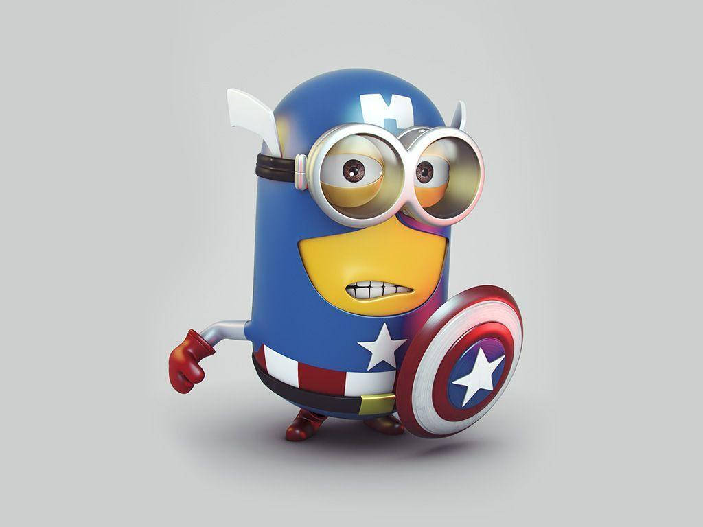 Minion 桌布 壁紙 — 一個以3D渲染的迷你兵團扮成美國隊長，在純灰色背景前帶著堅定的笑容拿著他的盾牌。