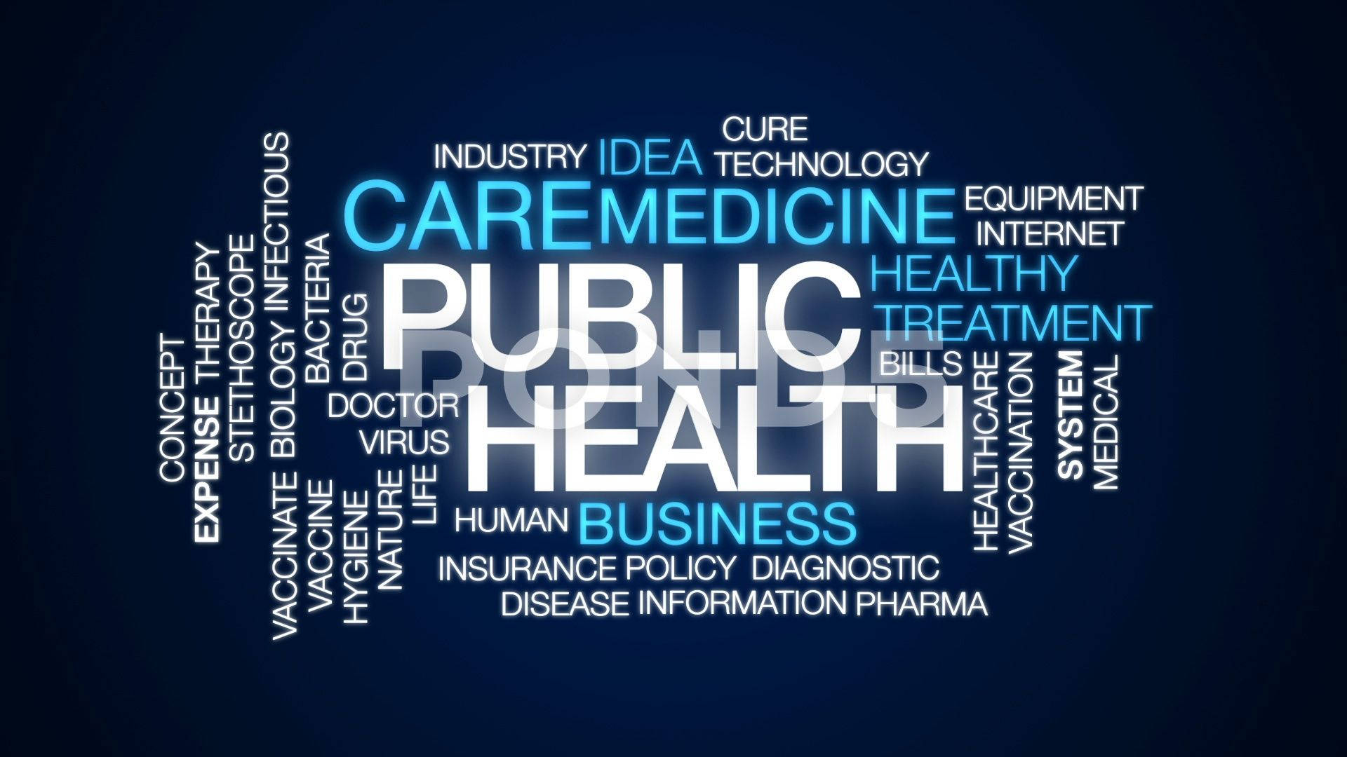 Health 桌布 壁紙 — 一個以公共衛生為中心的動態文字雲，包含醫學、護理和治療等詞彙，在深藍色漸變背景上發光。