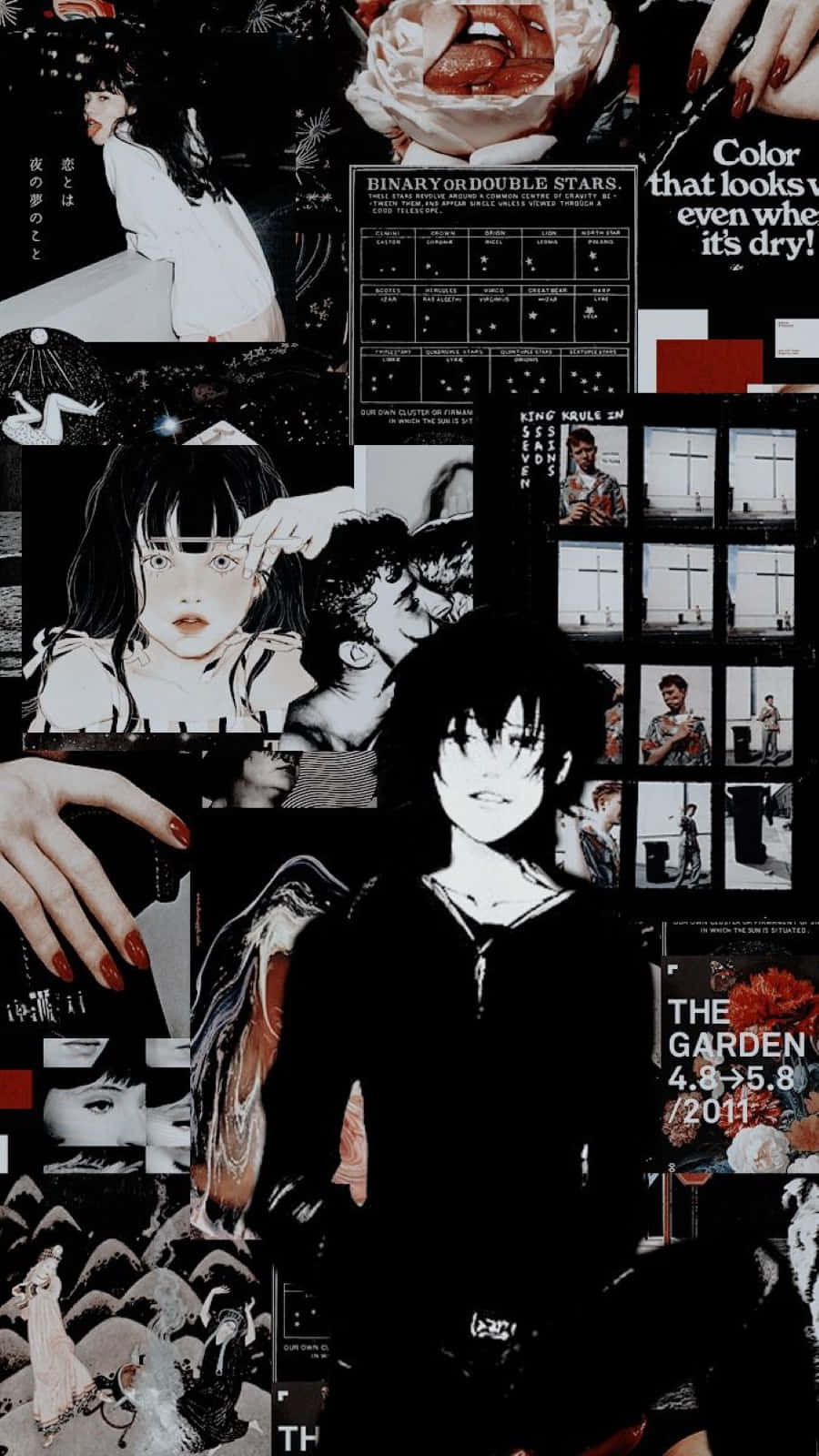 Ayato Kirishima 桌布 壁紙 — 一個以動漫和漫畫風格角色、文字片段和帶有紅色點綴的超現實圖像組成的暗色拼貼畫。