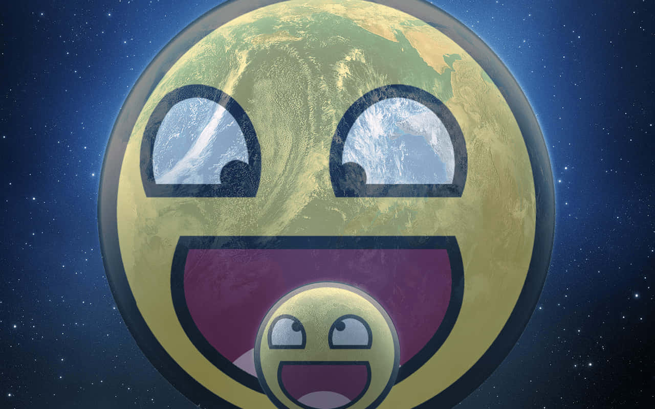 桌布 壁紙 — 一個以地球為身體的開心表情符號，在星空背景下歡樂地大笑。