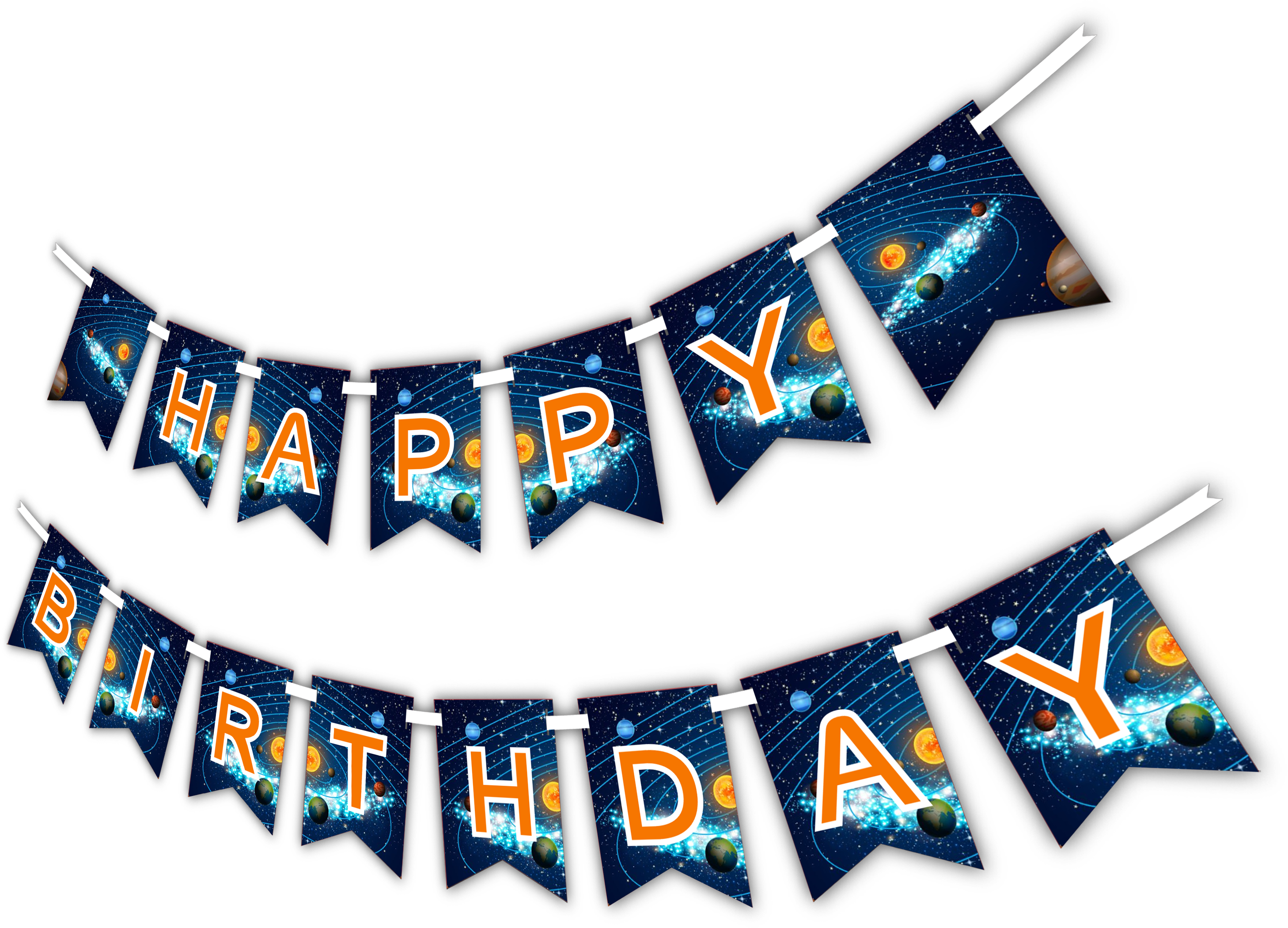 生日快樂 桌布 壁紙 — 一個以宇宙為主題的生日橫幅，橙色字母拼出 'HAPPY BIRTHDAY'，背景是星空、行星和星雲。