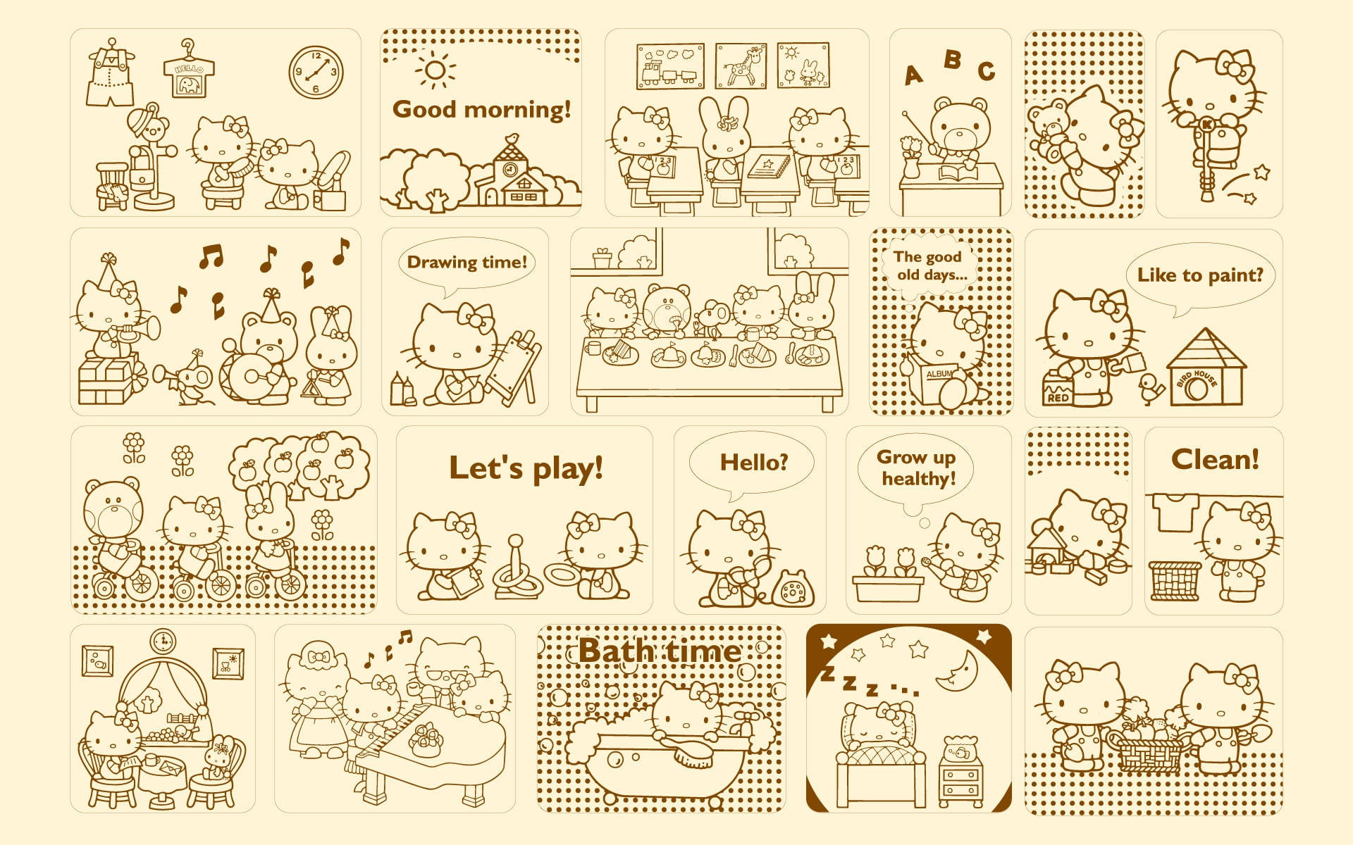 Hello 桌布 壁紙 — 一個以復古棕褐色調呈現的Hello Kitty插圖網格，展示日常活動如學校、藝術、洗澡時間和就寢時間，採用極簡線條藝術風格。