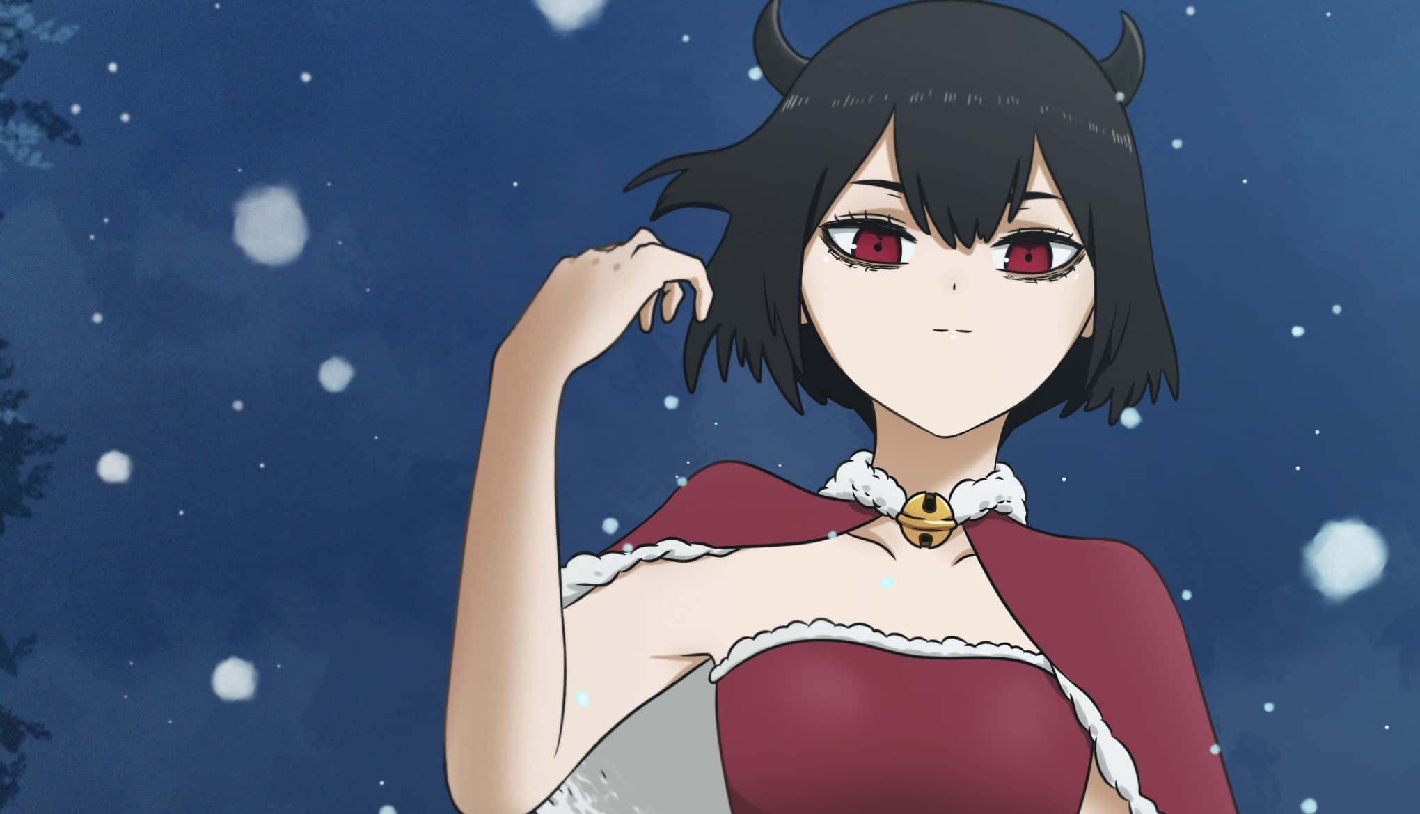 桌布 壁紙 — 一個以惡魔為主題的動漫女孩，擁有紅色眼睛和角，站在星空下飄落的雪中。