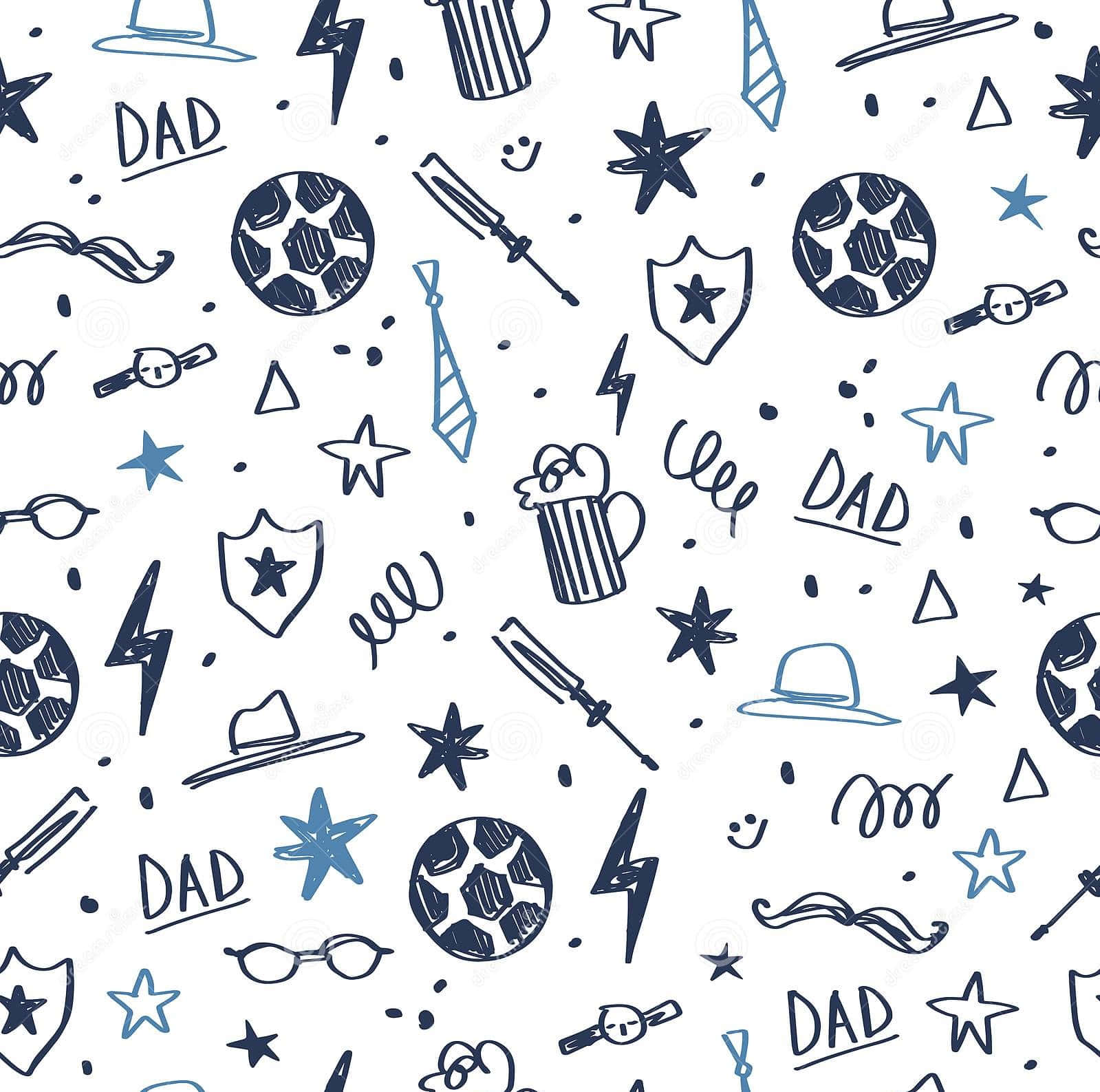 Dad 桌布 壁紙 — 一個以手繪爸爸主題圖示（如足球、領帶和星星）組成的俏皮圖案，使用藍色墨水繪製在白色背景上。