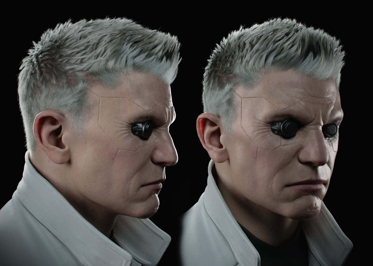 Ghost In The Shell Batou 桌布 壁紙 — 一個以數位方式渲染、擁有灰白頭髮和機械眼的男人，在黑色背景上展示兩個強烈的側面輪廓。