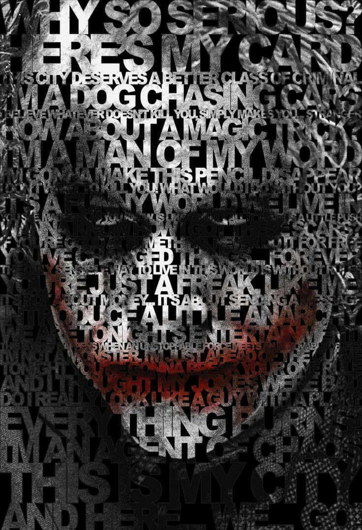 Joker Quotes 桌布 壁紙 — 一個以文字為基礎的小丑粗糙肖像，混亂的引文形成他的臉，單色調配紅色的嘴。