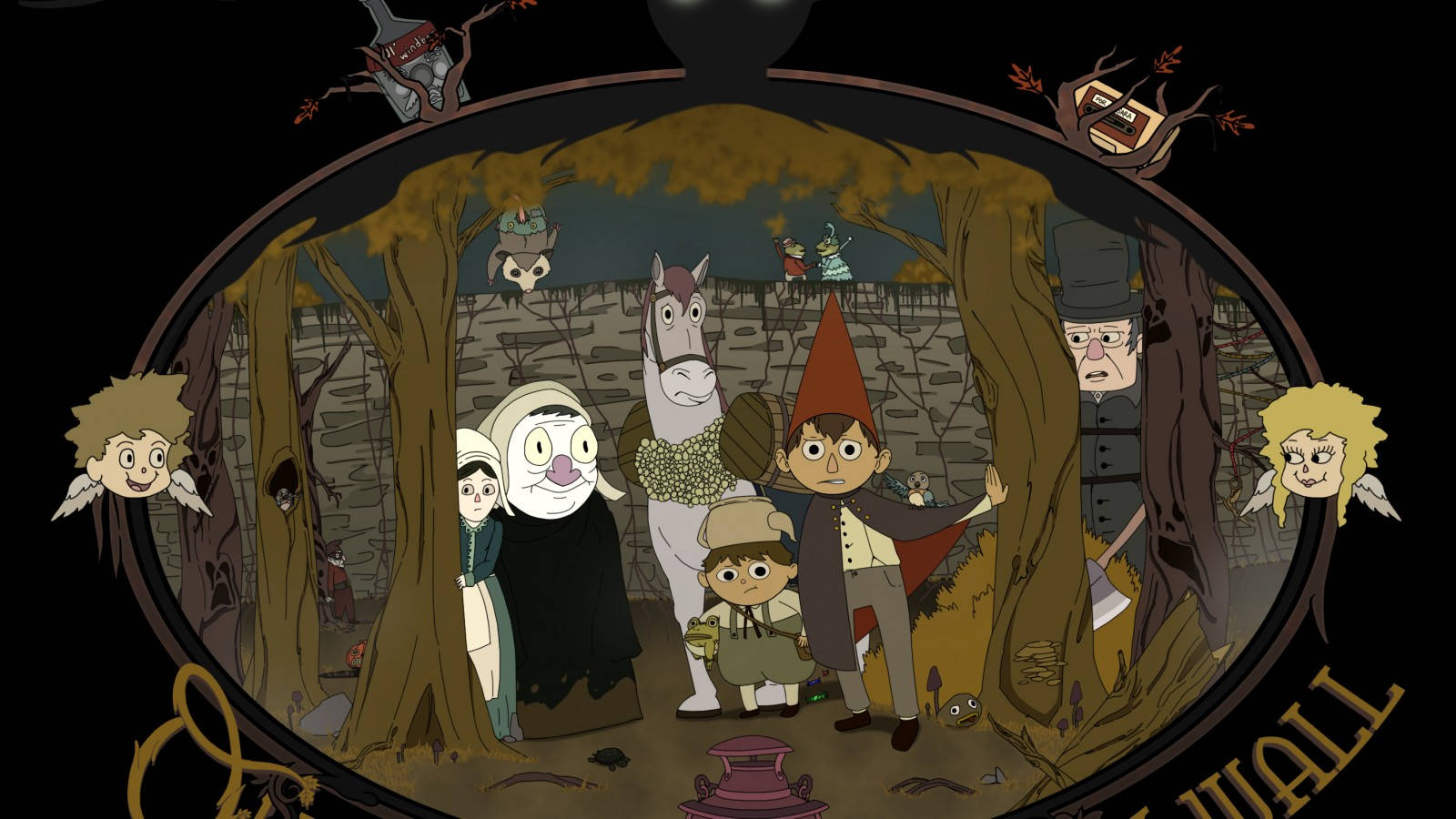 over the garden wall 桌布 壁紙 — 一個以樹根框住的奇幻動畫場景，展示了一群古怪的角色，包括一個戴紅帽的男孩、一匹馬和一個幽靈般的身影，在森林空地中。
