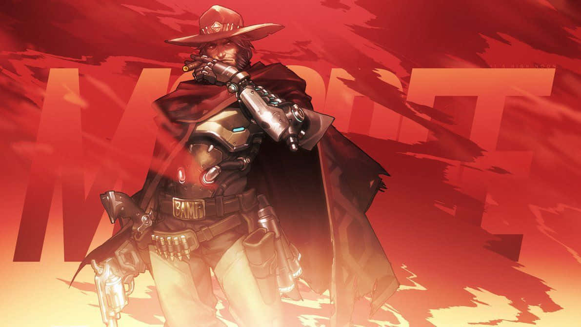 Overwatch Mccree 桌布 壁紙 — 一個以牛仔為主題的《鬥陣特攻》英雄，身穿紅色斗篷和帽子，在火紅橙色的背景中抽雪茄，背景上有大型風格化字母。