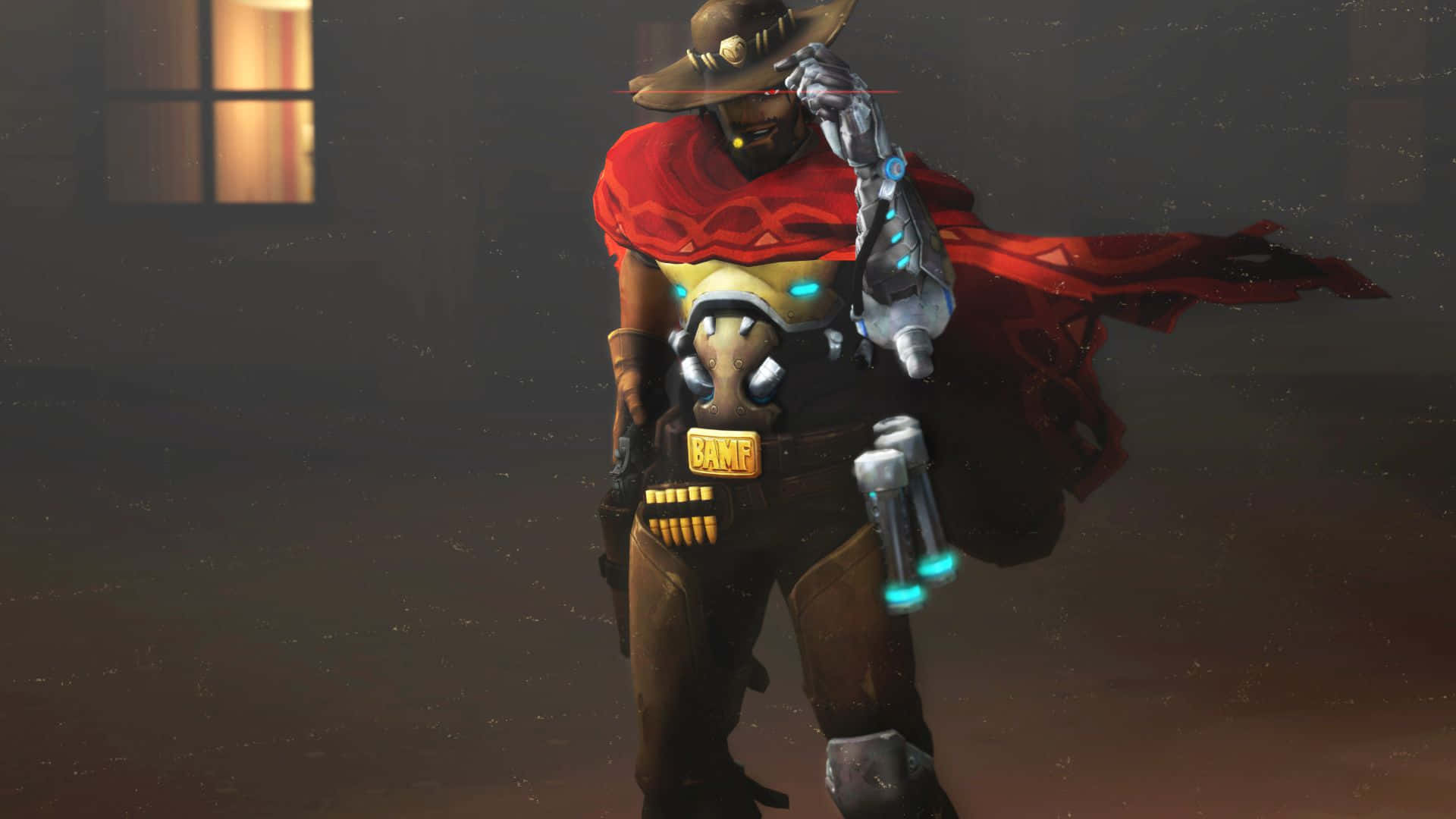 Overwatch Mccree 桌布 壁紙 — 一個以牛仔為主題的電子遊戲角色，身穿紅色斗篷和未來風格的裝備，站在一個光線昏暗的房間裡，身後有一扇發光的窗戶。