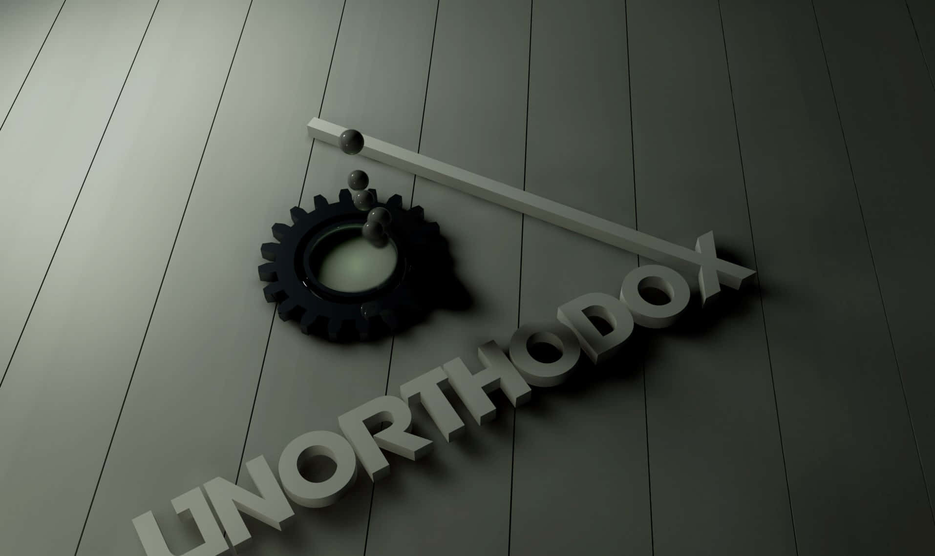 藝術 桌布 壁紙 — 一個以白色字母3D渲染的詞語「UNORTHODOX」放在灰色木地板上，旁邊有一個黑色齒輪和一個帶球體的白色棒。