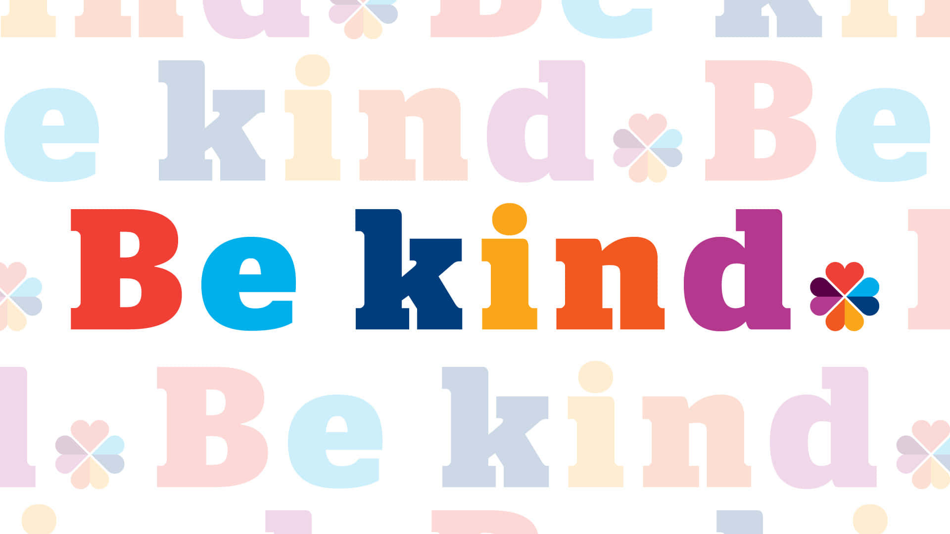 Kind 桌布 壁紙 — 一個以白色背景為襯托，用色彩繽紛、活潑字體和粉彩花朵圖標組成的「Be kind」重複圖案。