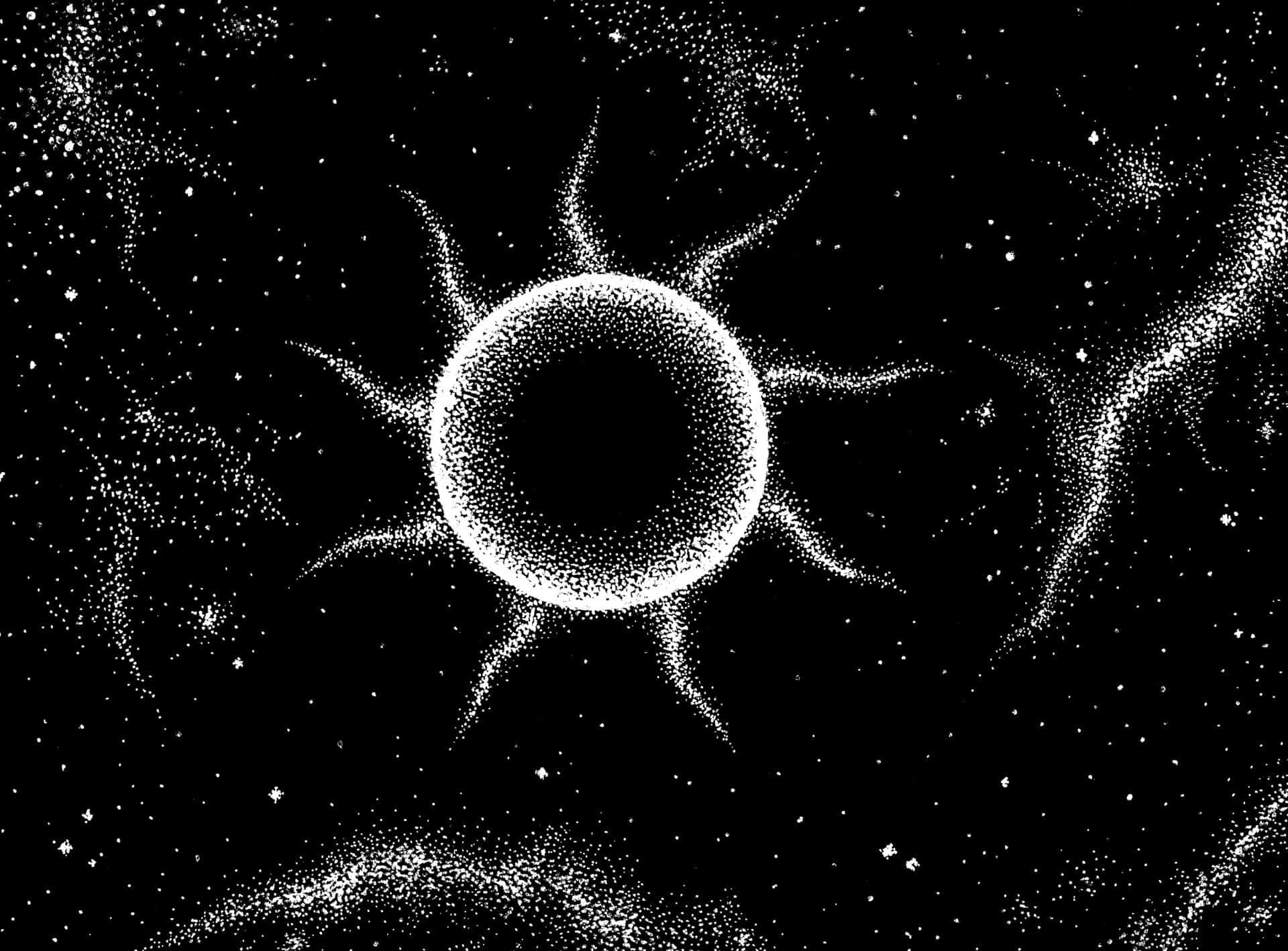 Black Hole Sun 桌布 壁紙 — 一個以白色點狀呈現的耀眼太陽，背景是黑色宇宙，散佈著星星和星雲漩渦。